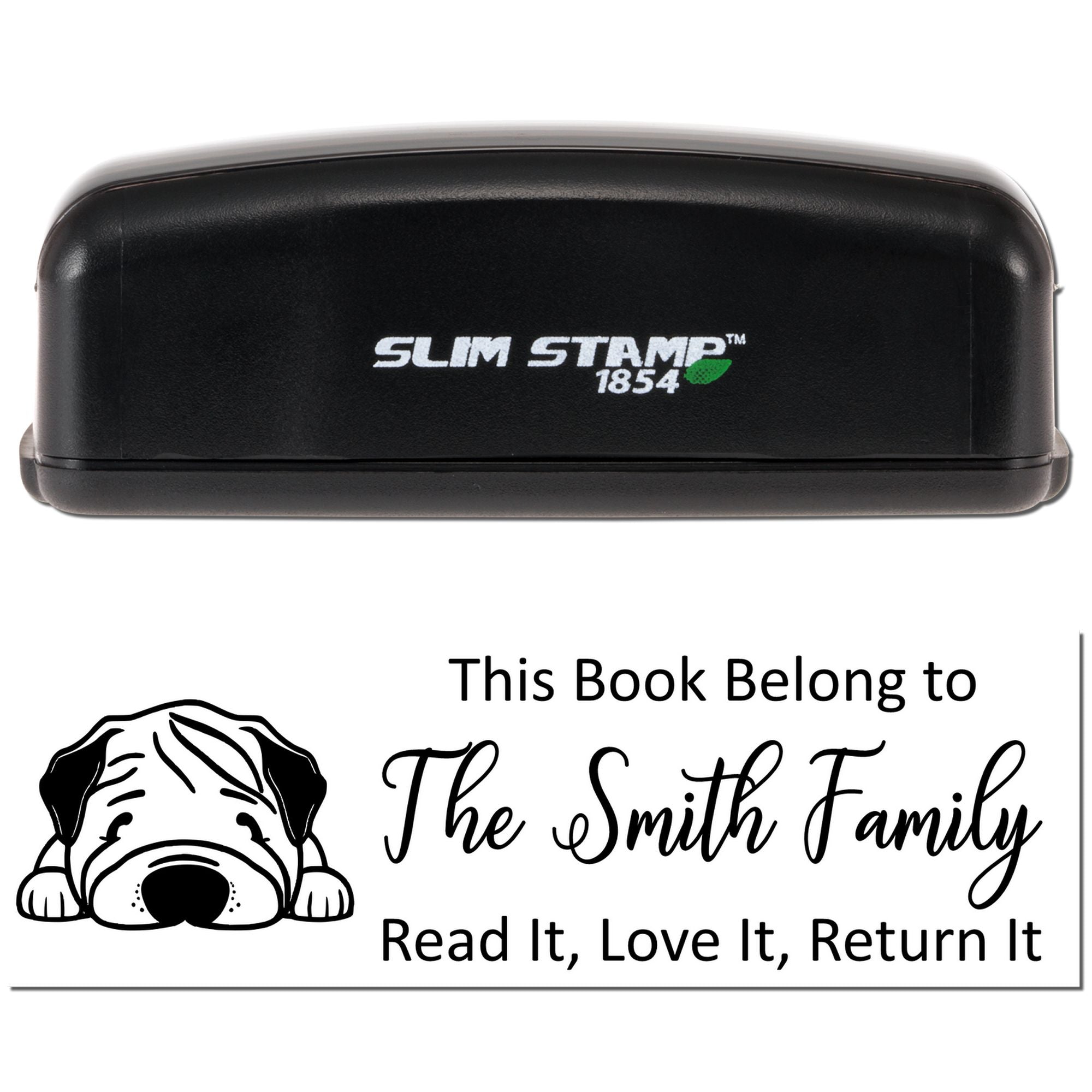Personalized self-inking rubber book stamp with dog design and family name, for labeling books: Read It, Love It, Return It.