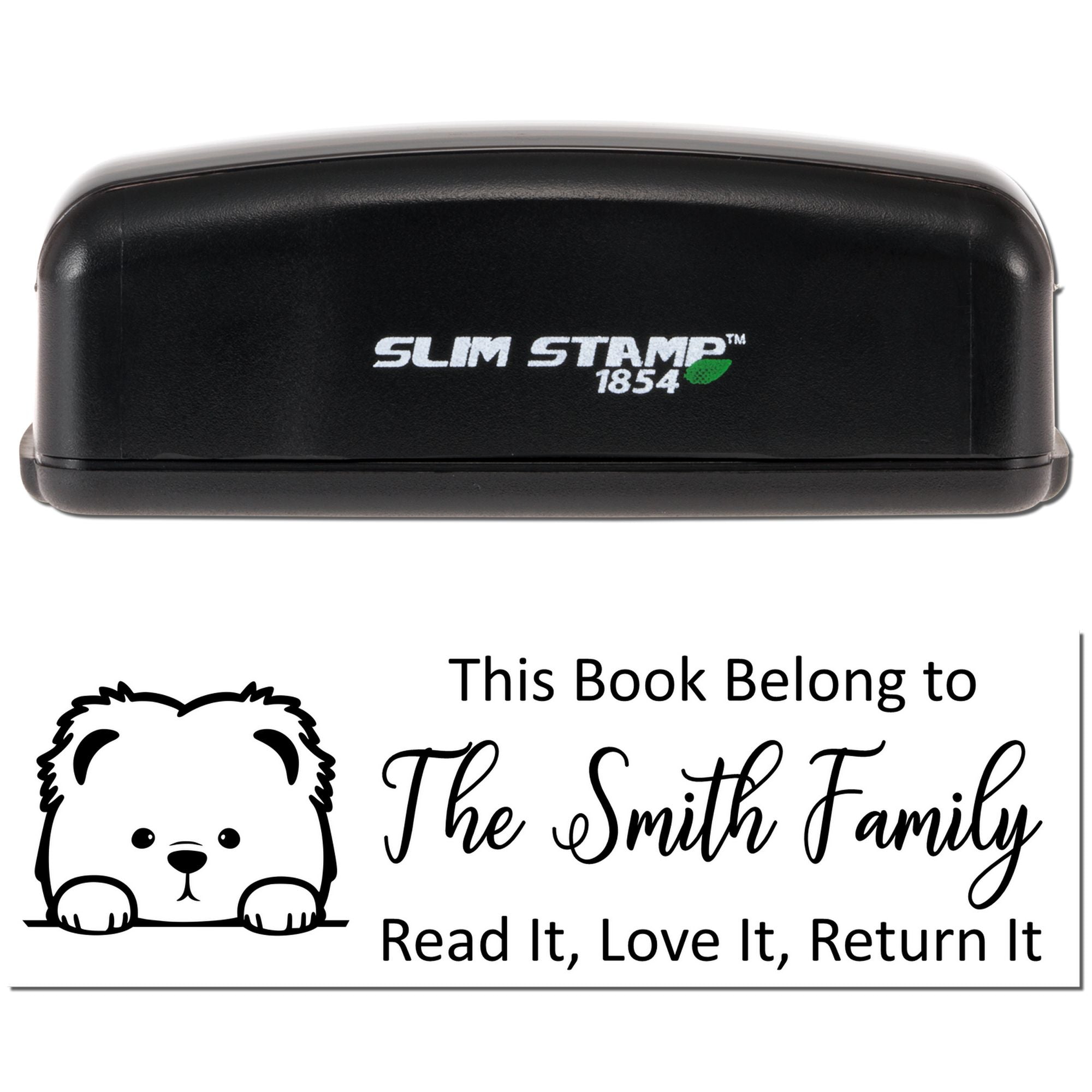 Slim Stamp 1854 custom rubber stamp for book return labels, featuring a cute bear This Book Belong to The Smith Family design.