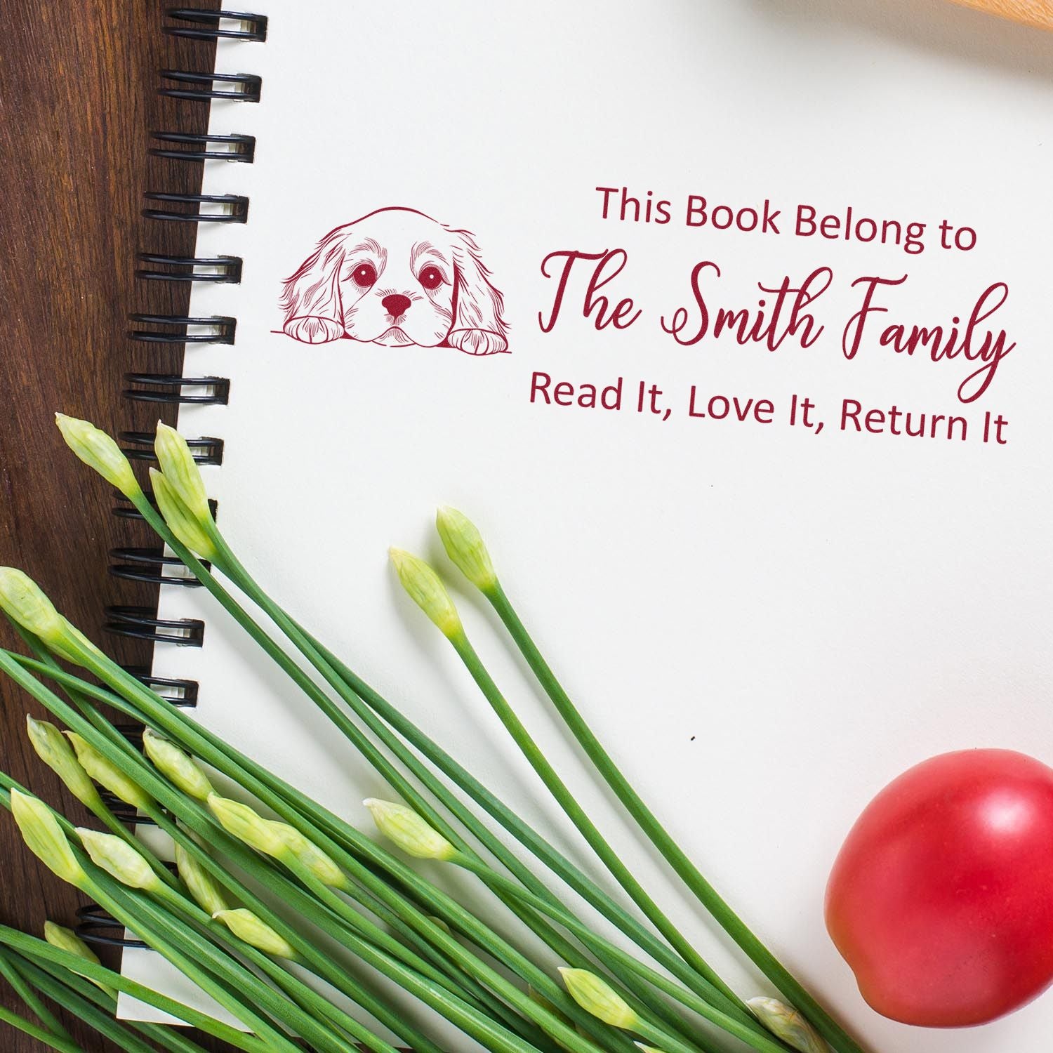 Custom personalized bookplate rubber stamp with puppy art and return message for The Smith Family.