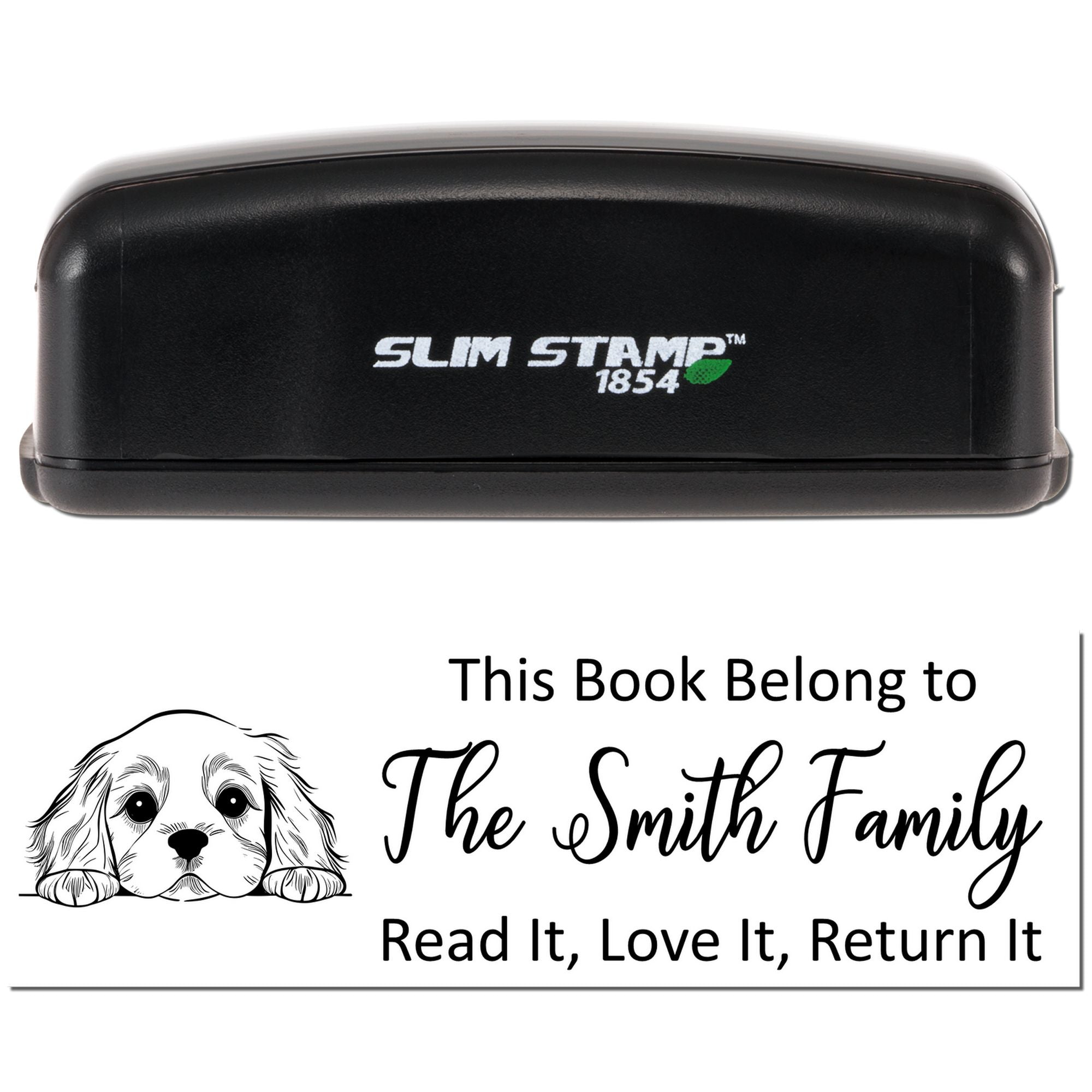 Personalized book ownership rubber stamp with dog illustration and family name, ideal for library books.