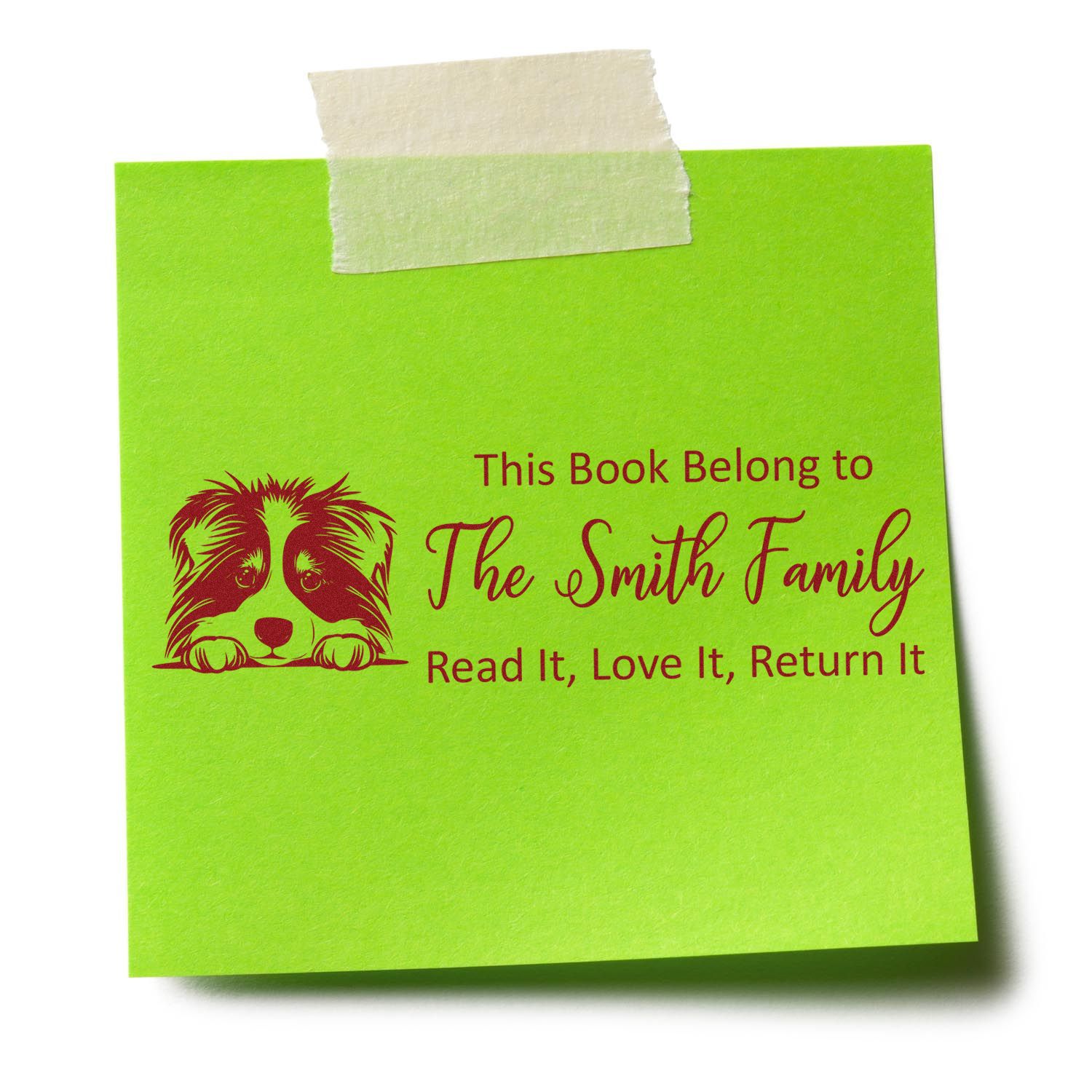 Personalized bookplate rubber stamp with dog design for The Smith Family, reading Read It, Love It, Return It.