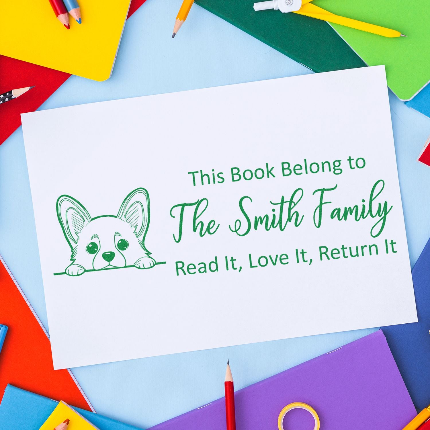 Personalized book plate rubber stamp for The Smith Family with dog design and Read It, Love It, Return It message.