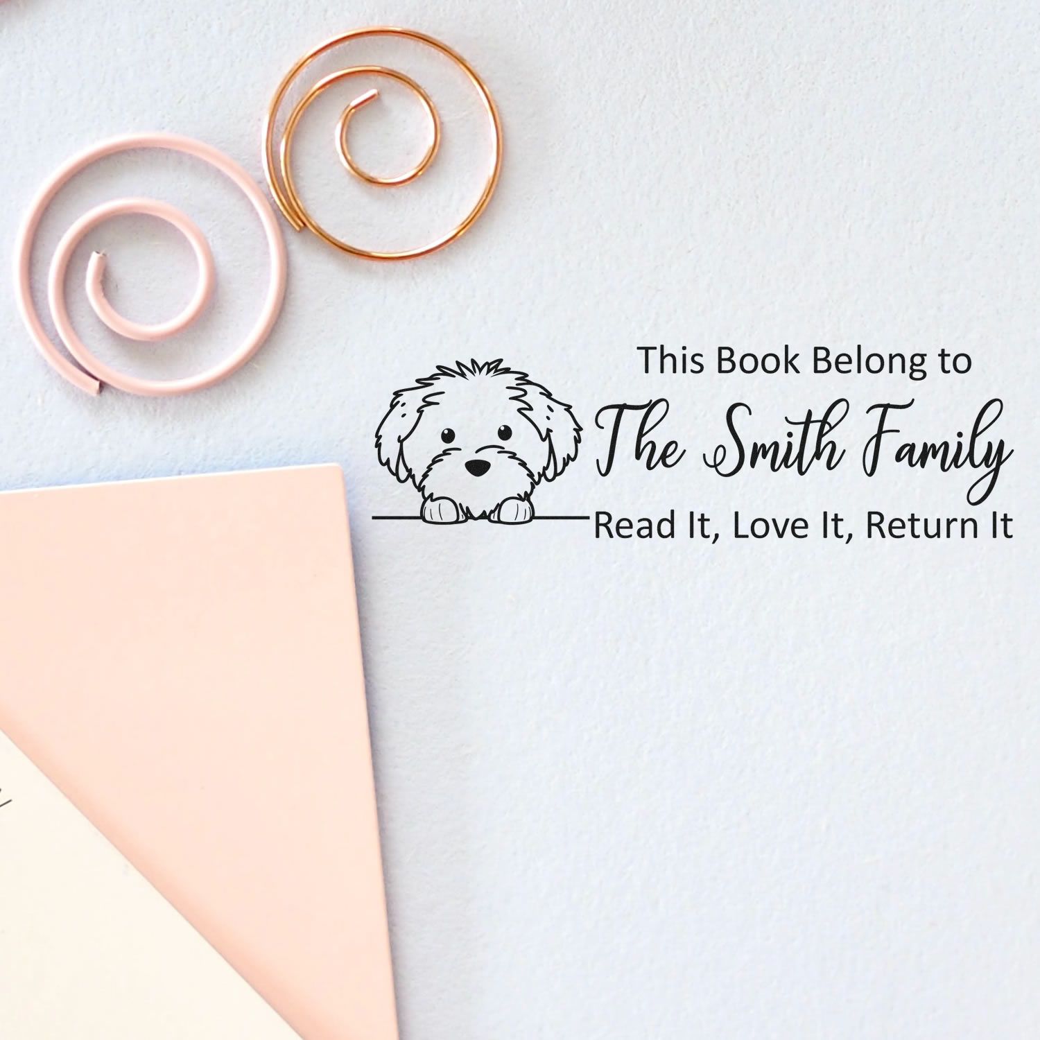 Personalized rubber book stamp with dog design for The Smith Family, This Book Belongs To... Read It, Love It, Return It