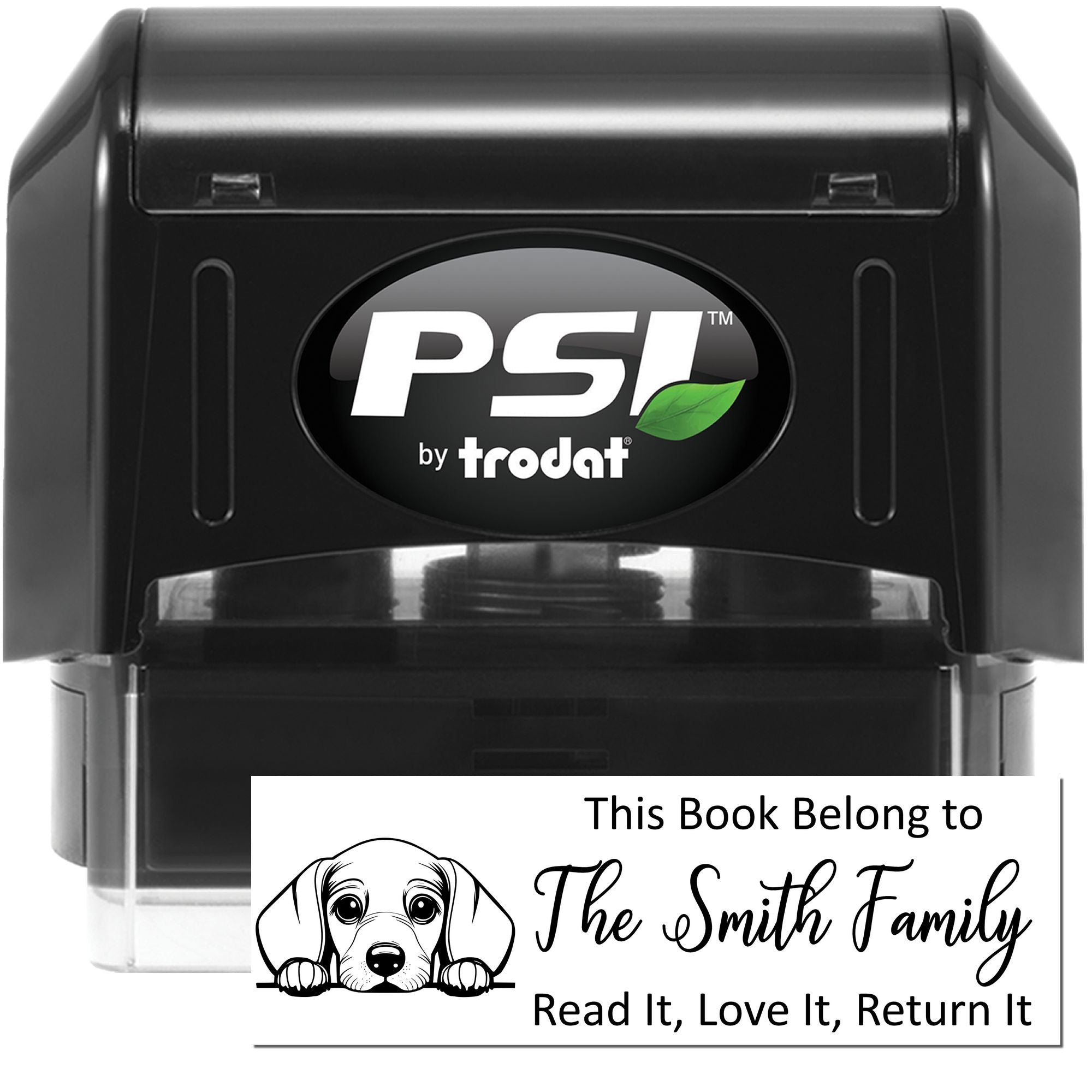 PSI by Trodat self-inking rubber stamp with custom book ownership imprint for The Smith Family, read it, love it, return it.