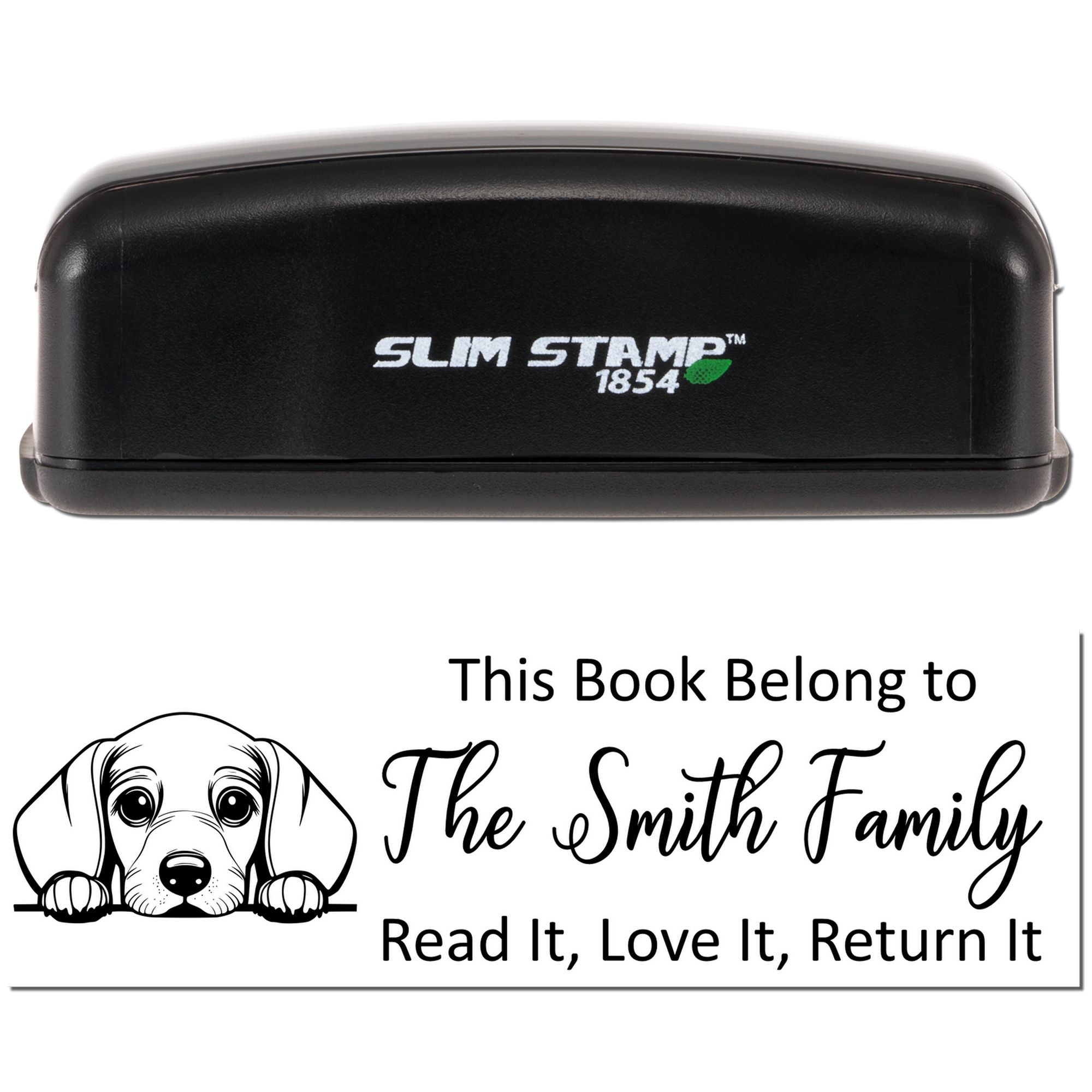 Custom book return rubber stamp with dog illustration and This Book Belongs to The Smith Family text for personal libraries.