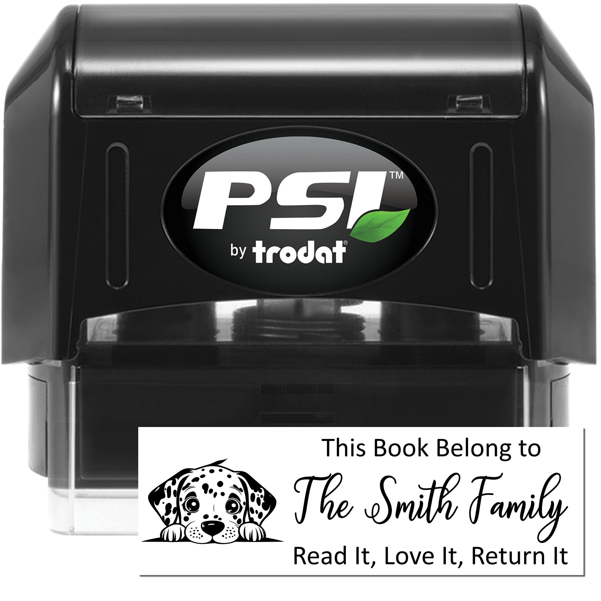 Personalized self-inking rubber book stamp by Trodat PSI with dog graphic and return message for The Smith Family library books.