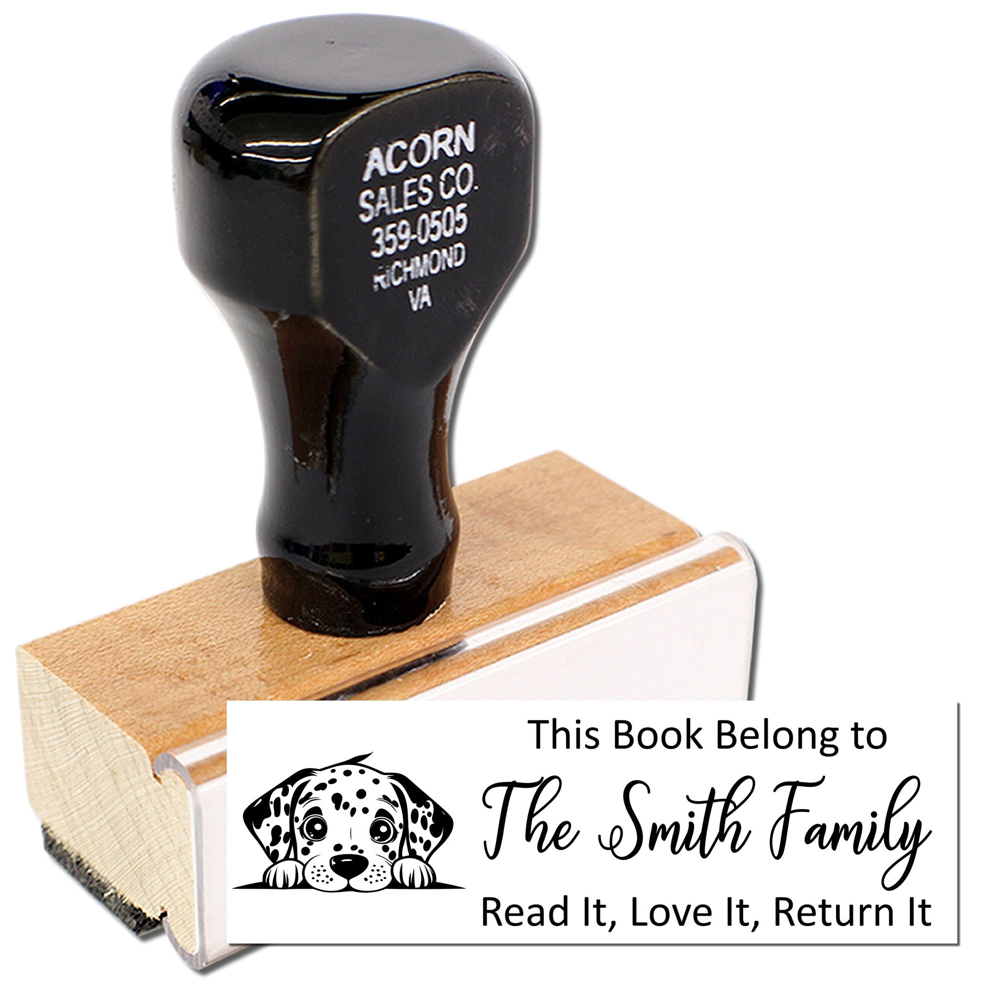 Custom book return rubber stamp with dog design and family name for personal library ownership labels.
