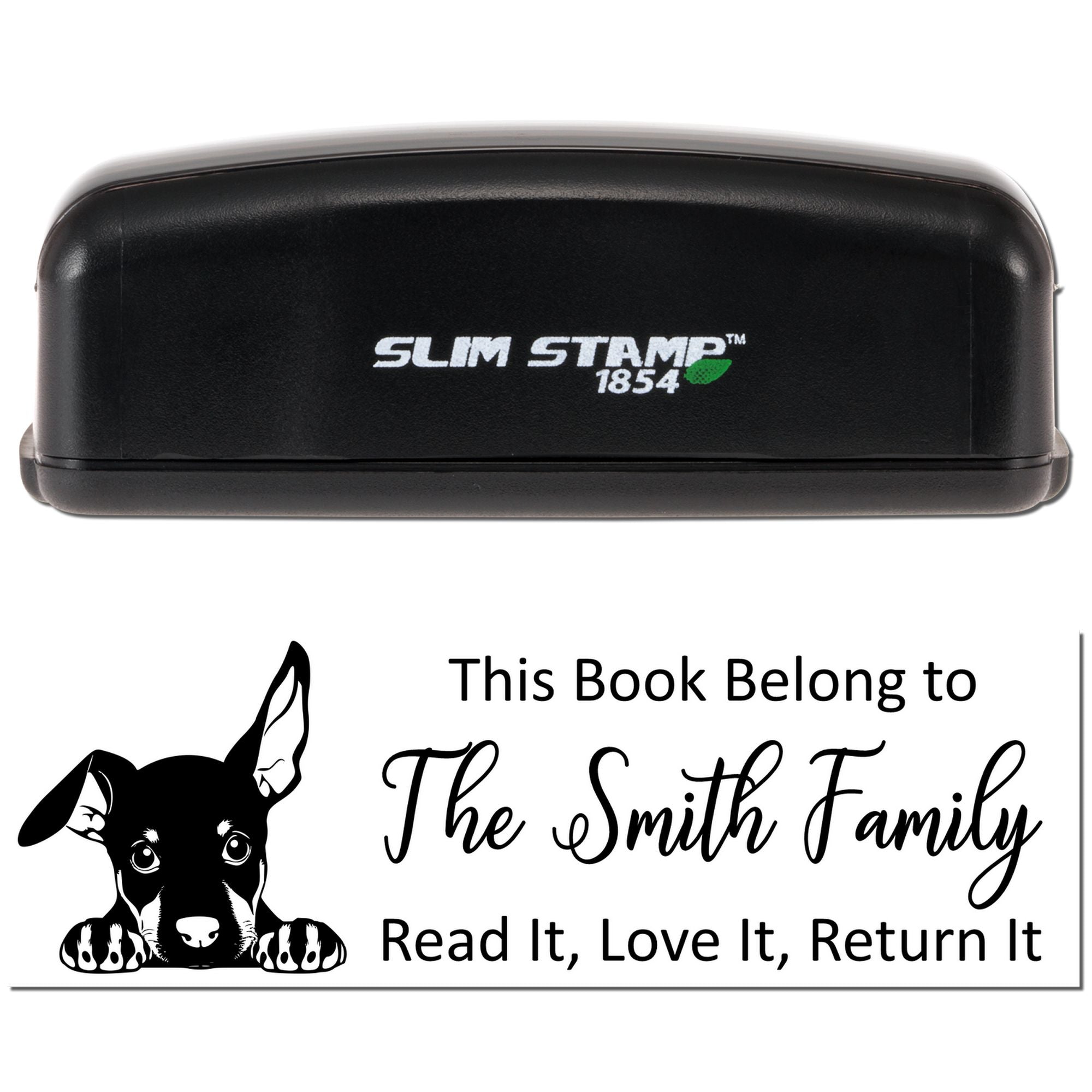 Custom self-inking rubber book stamp with dog design and Read It, Love It, Return It personalized for The Smith Family.