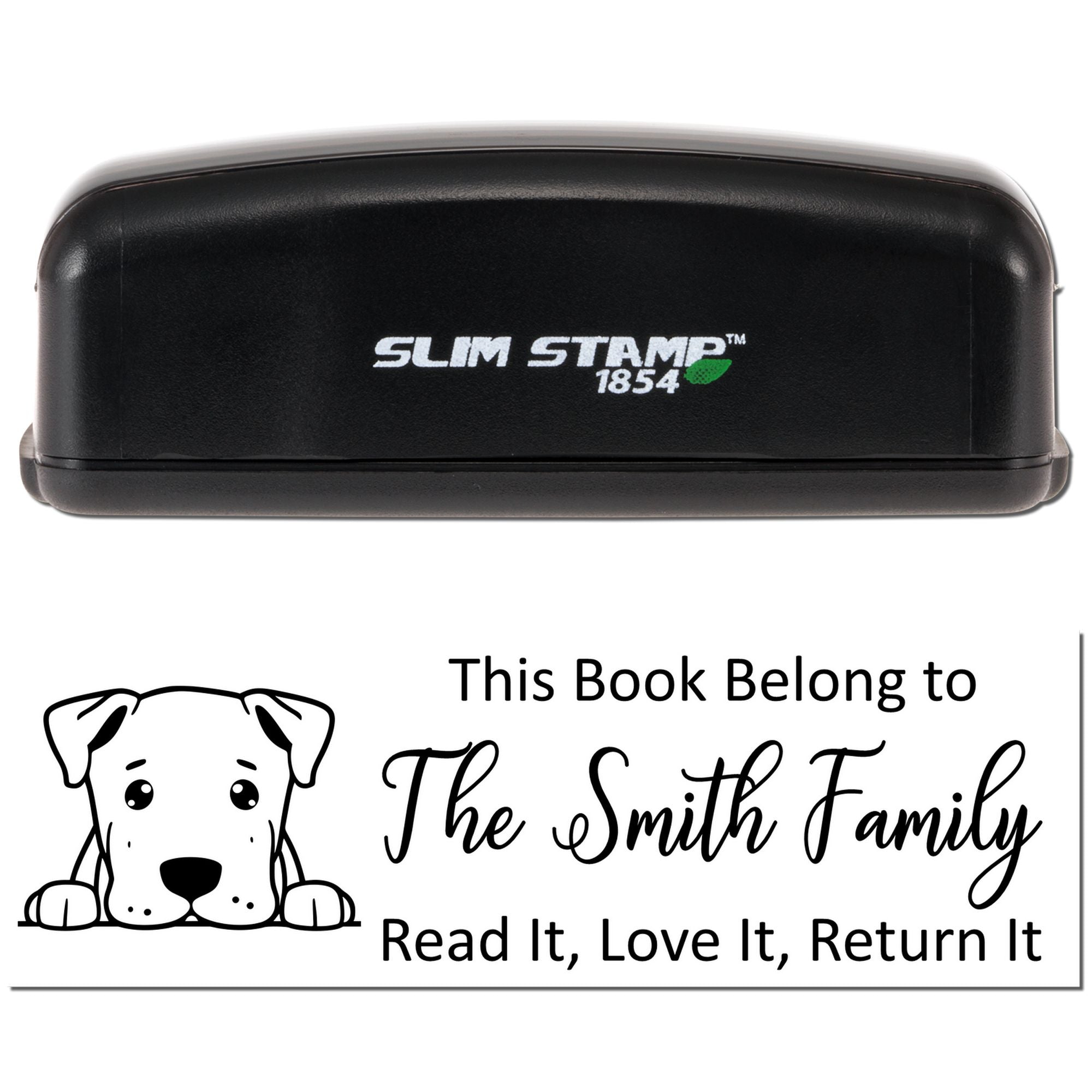 Slim Stamp 1854 custom rubber stamp for books, featuring a dog graphic and This Book Belongs to the Smith Family return message.
