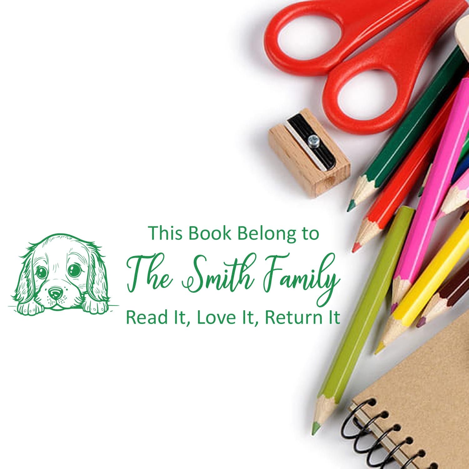 Custom book stamp for The Smith Family with dog design, ideal for labeling library books and encouraging returns.