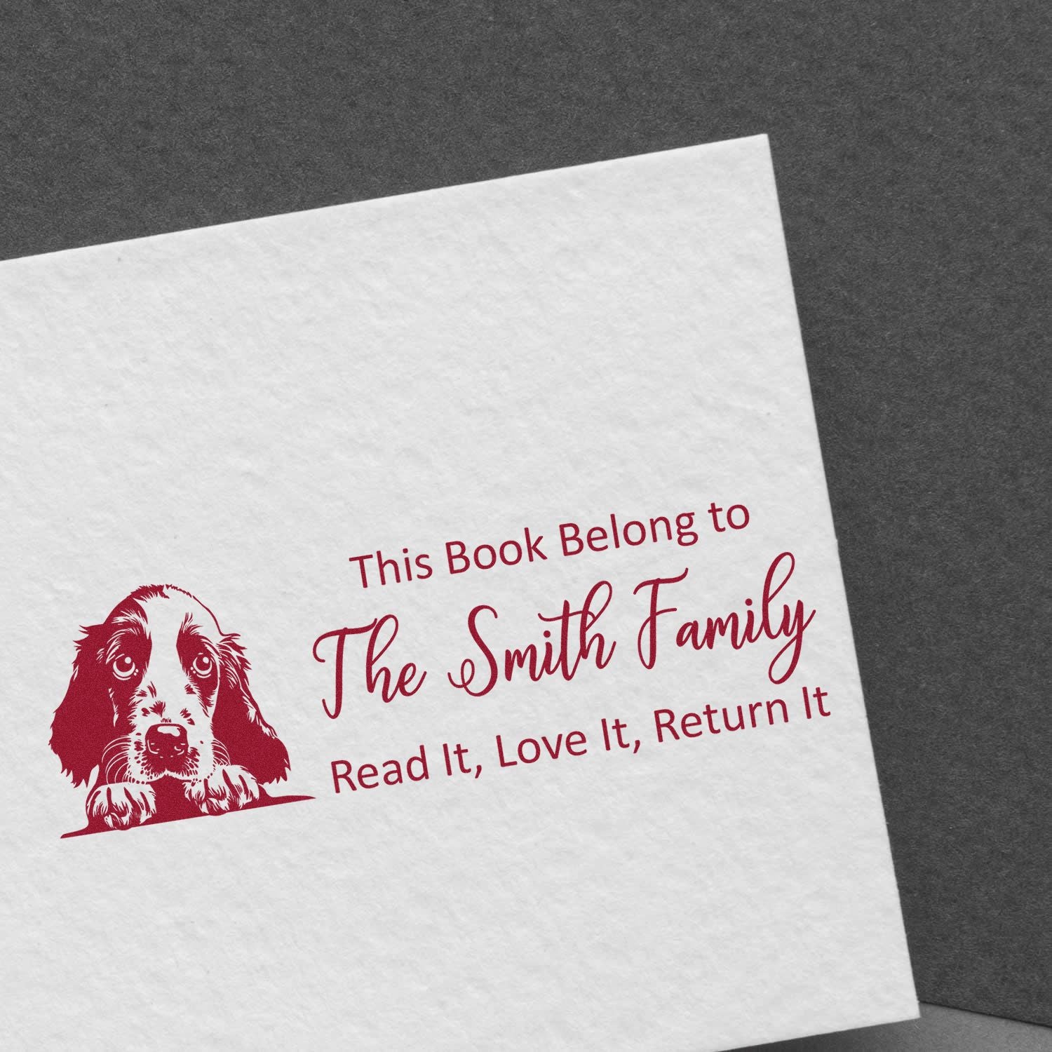 Custom rubber stamp for books with dog illustration and personalized This Book Belongs to The Smith Family text.