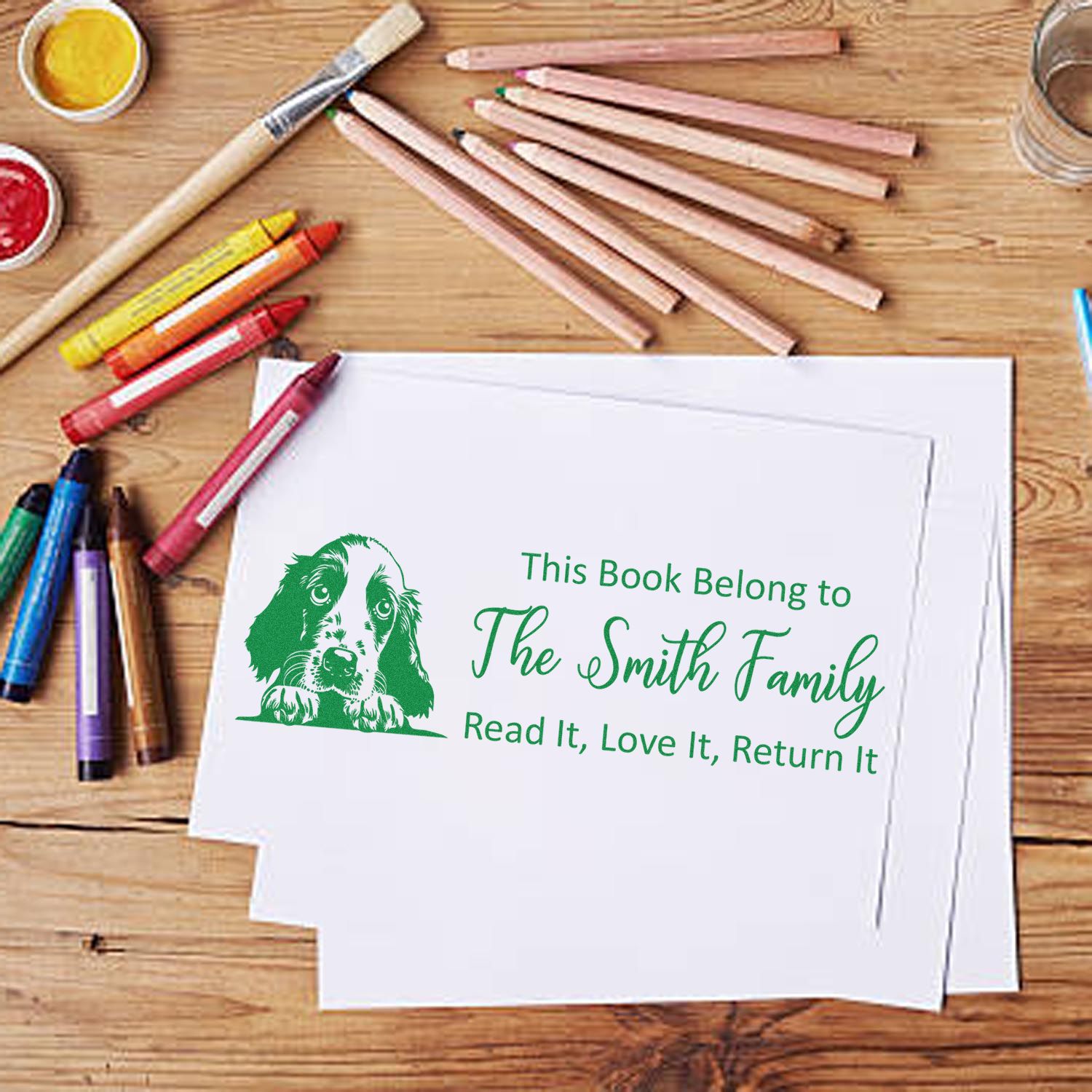 Custom dog book stamp for personal library books, featuring This Book Belongs to The Smith Family return reminder.