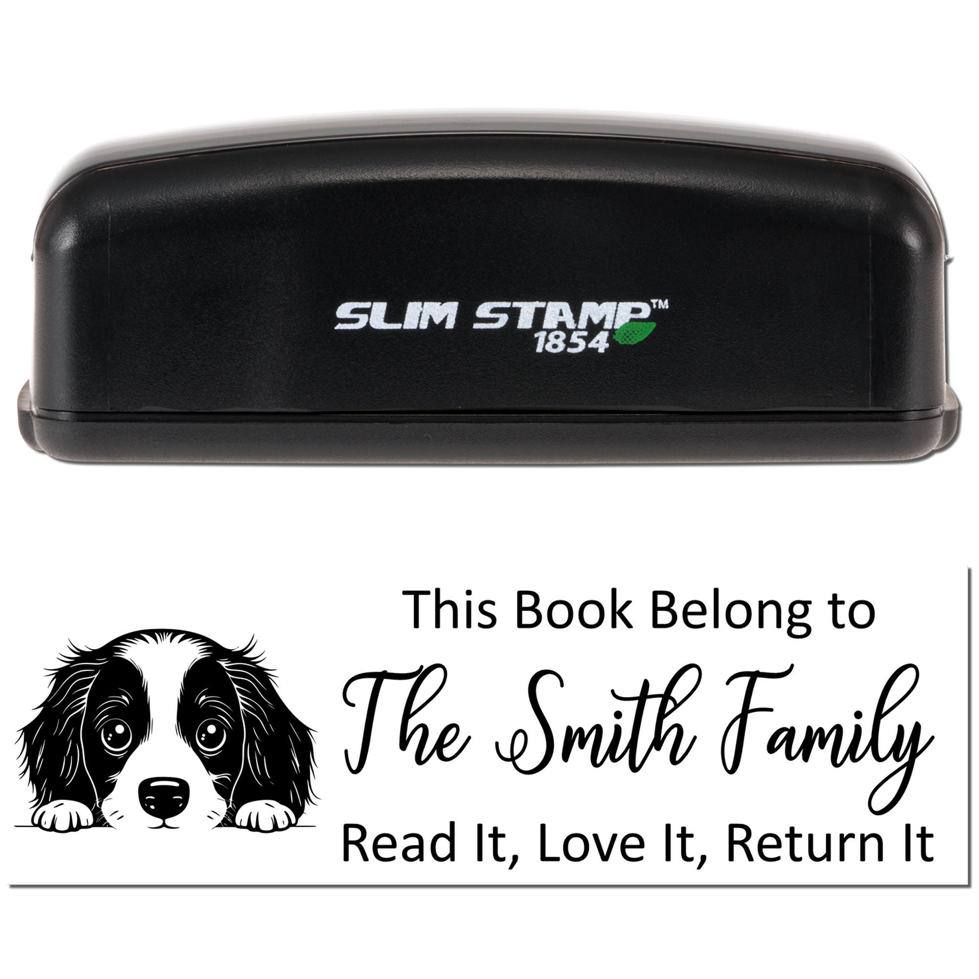 Slim Stamp 1854 self-inking rubber stamp with custom Book Belongs to design for The Smith Family, featuring a dog graphic.