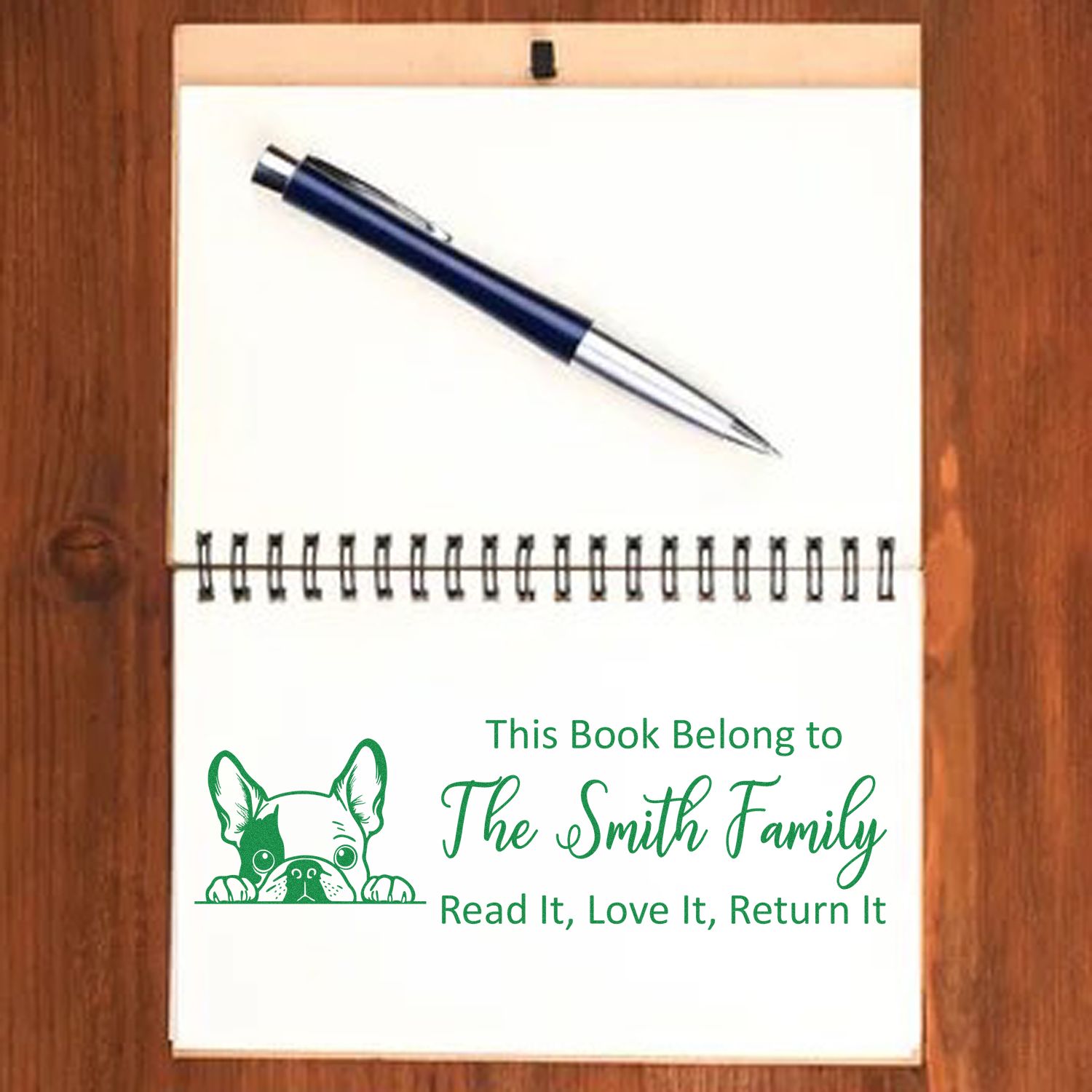 Personalized book return rubber stamp with dog design: This Book Belongs to The Smith Family, Read It, Love It, Return It.