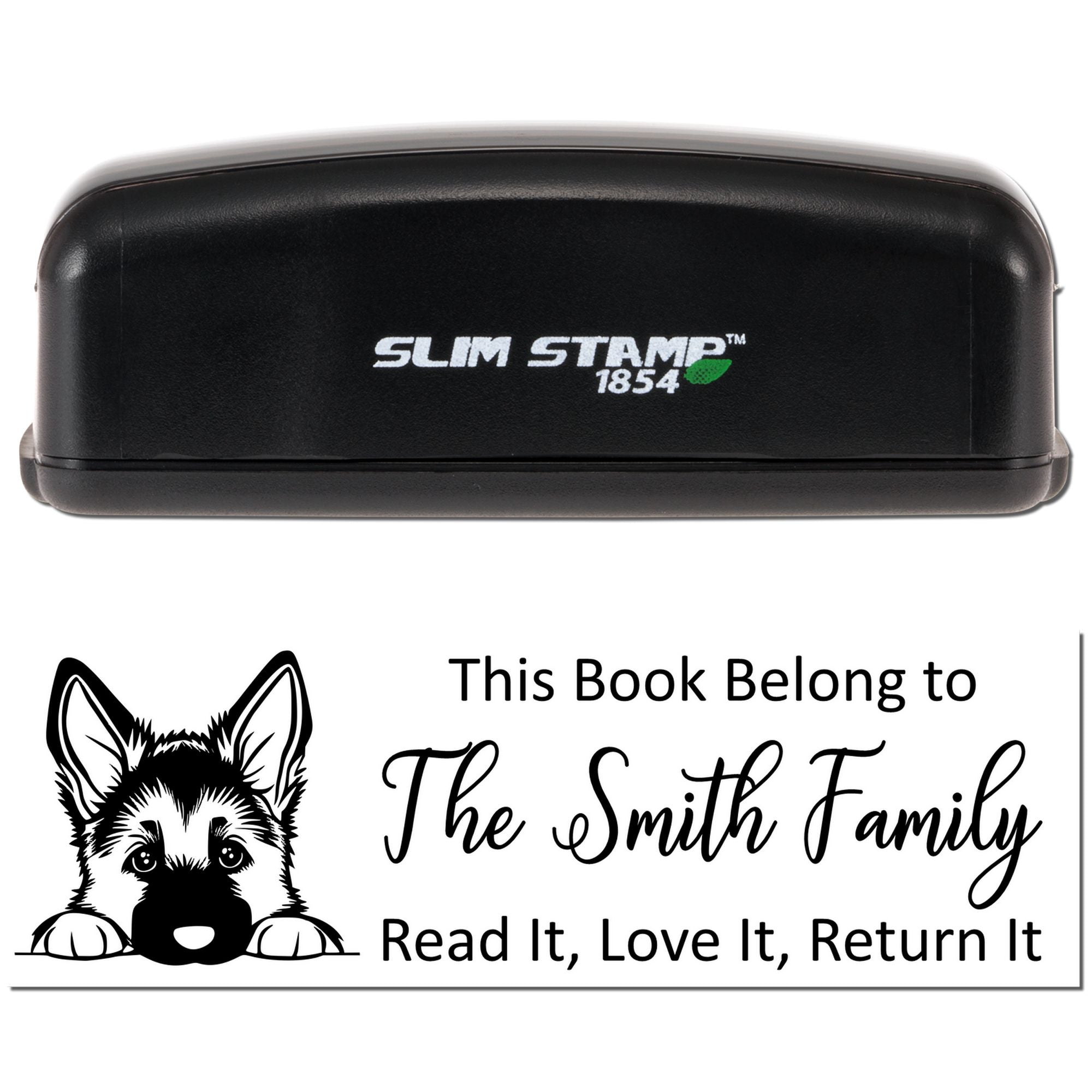 Slim Stamp 1854 custom self-inking rubber book stamp with dog design for The Smith Family library books