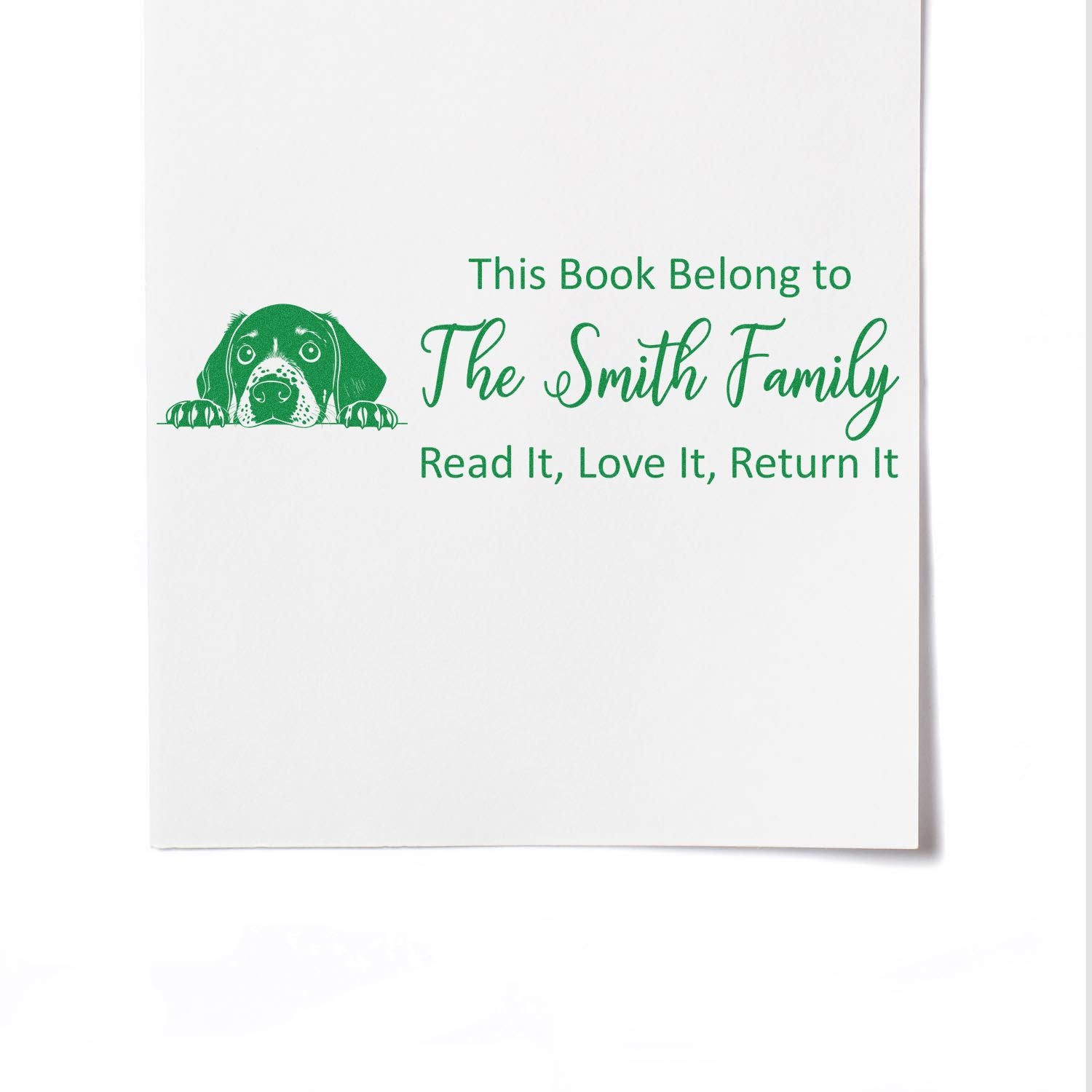 Personalized book stamp with dog graphic for The Smith Family, read it, love it, return it custom rubber stamp.
