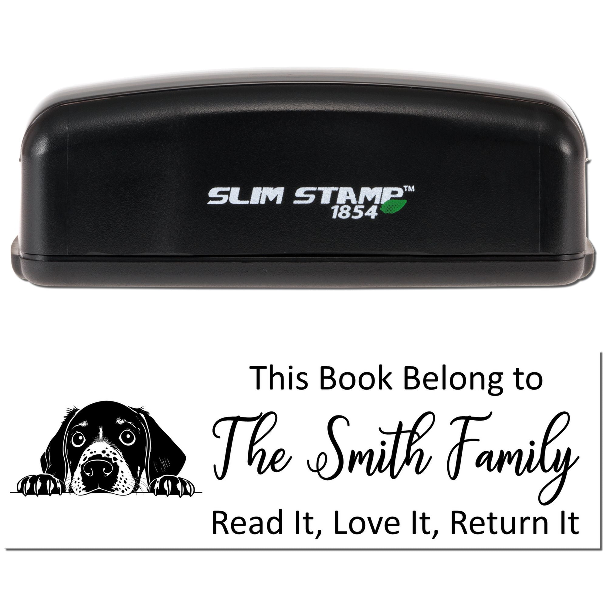Custom self-inking book return stamp with dog design, personalized for The Smith Family library books