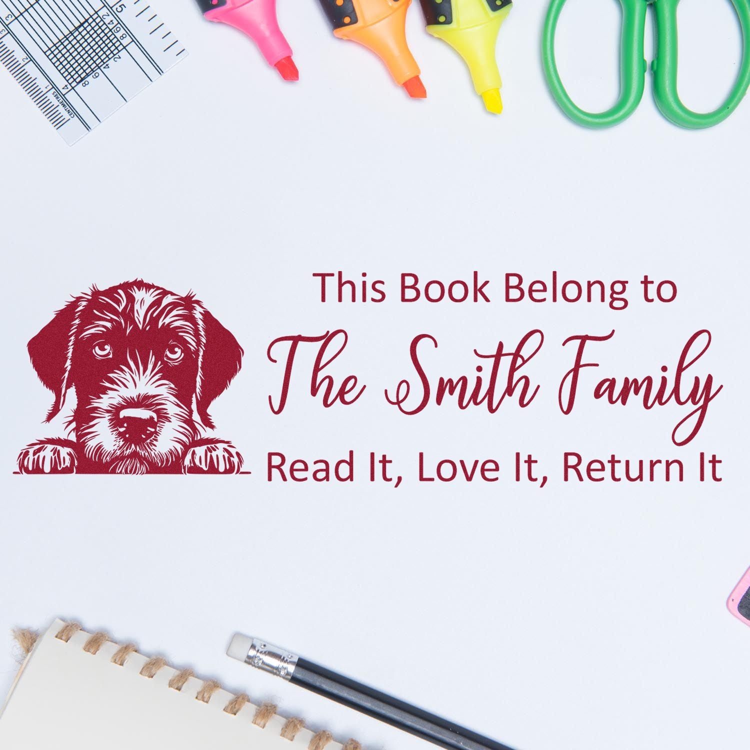 Custom dog book rubber stamp with This Book Belongs to The Smith Family, Read It, Love It, Return It for home libraries.