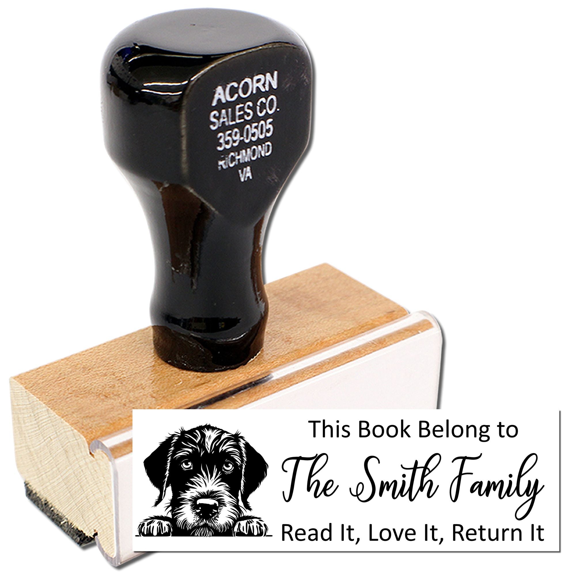 Custom rubber book return stamp with dog design for personal libraries: This Book Belongs to The Smith Family, Read It, Love It, Return It.