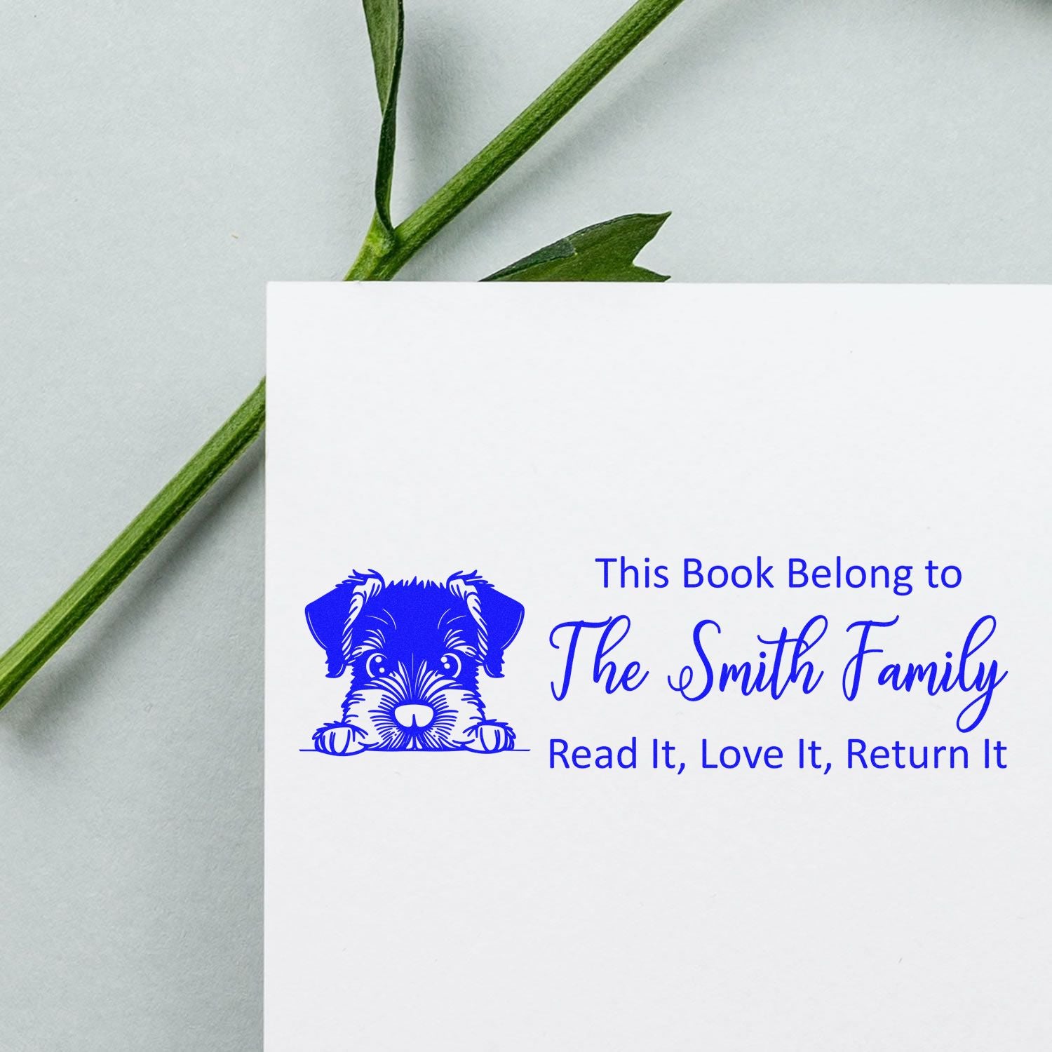 Custom dog bookplate rubber stamp for The Smith Family with Read It, Love It, Return It message.