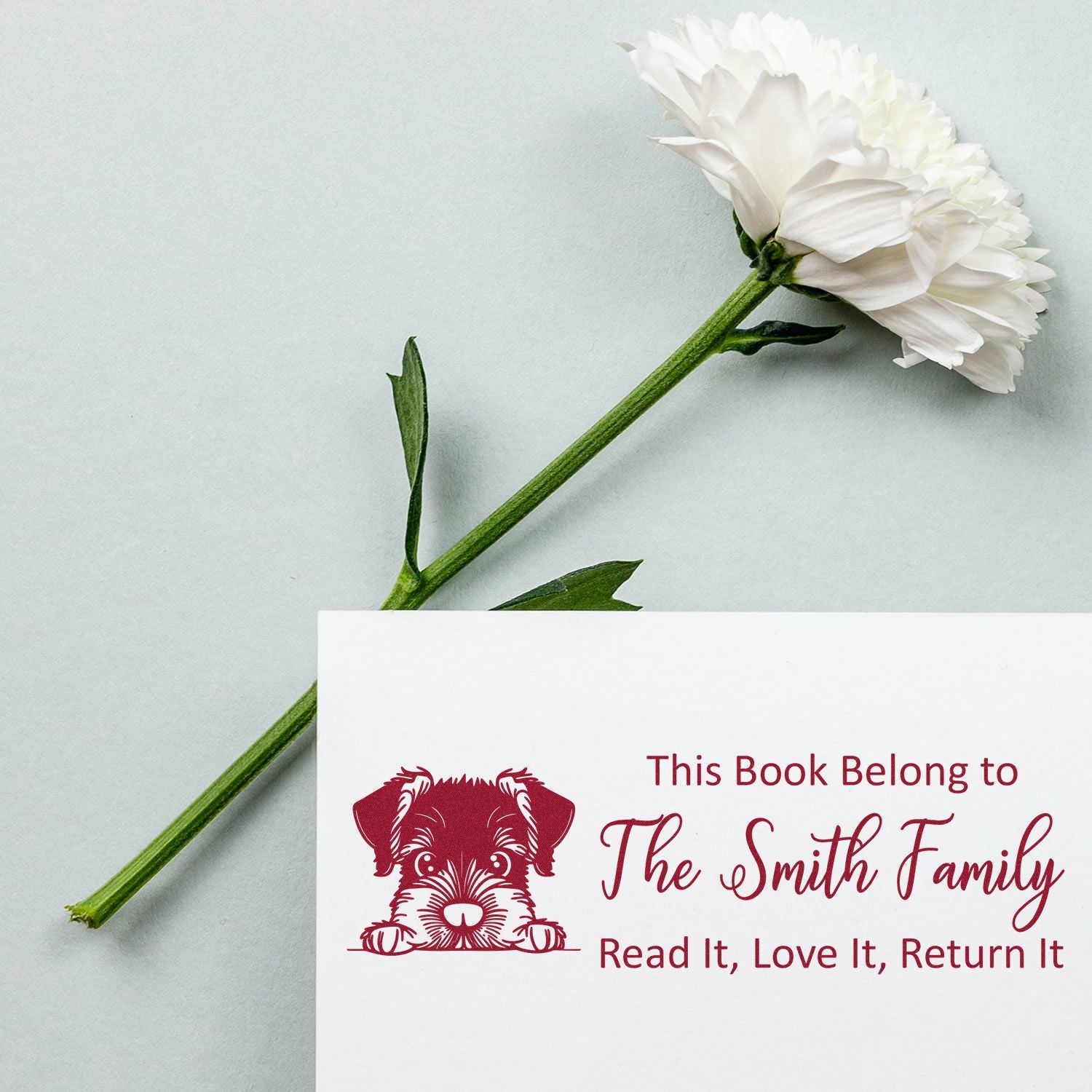 Personalized rubber stamp for books with dog illustration and The Smith Family return-this-book message.