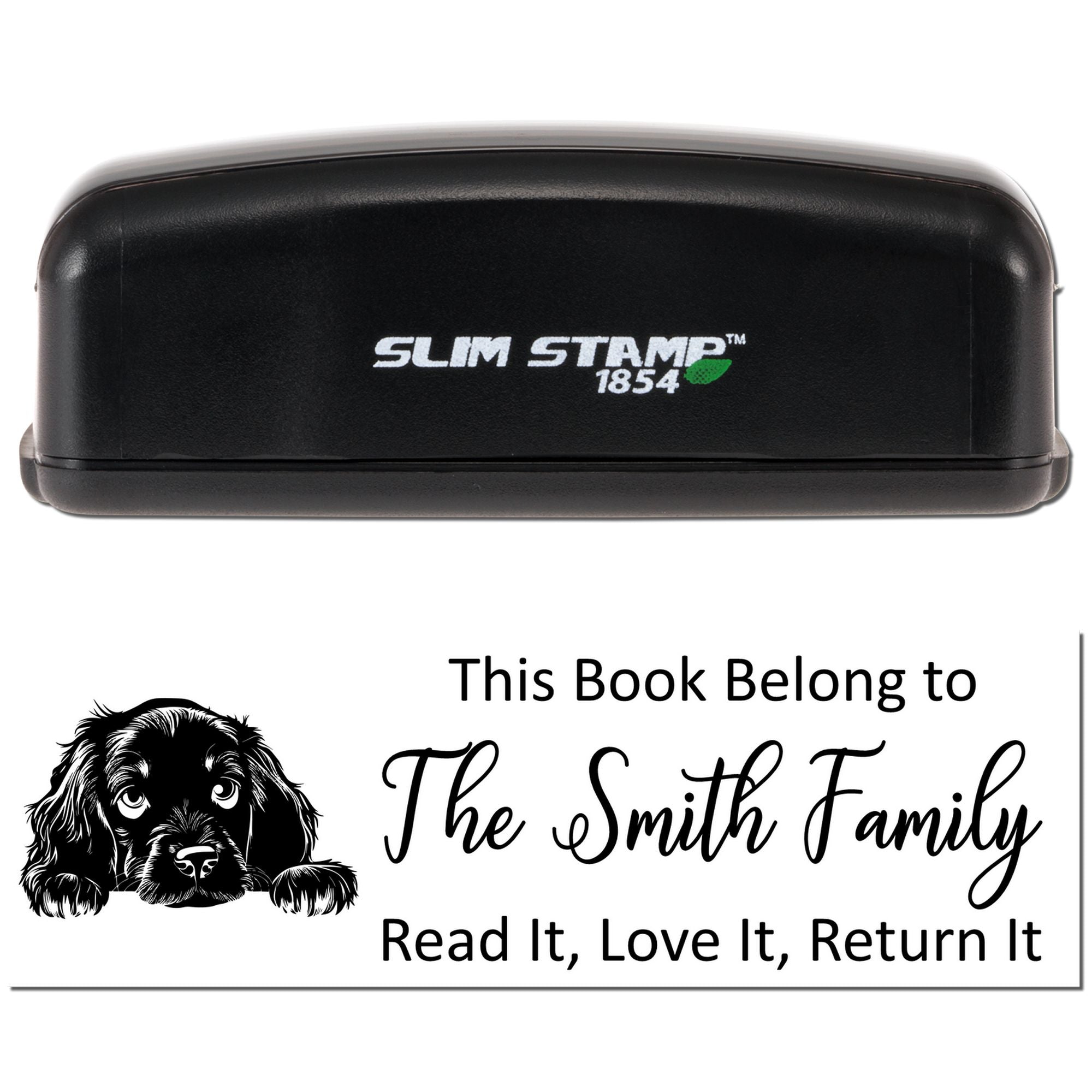 Personalized book return rubber stamp with dog design, reading This Book Belong to The Smith Family  Read It, Love It, Return It.