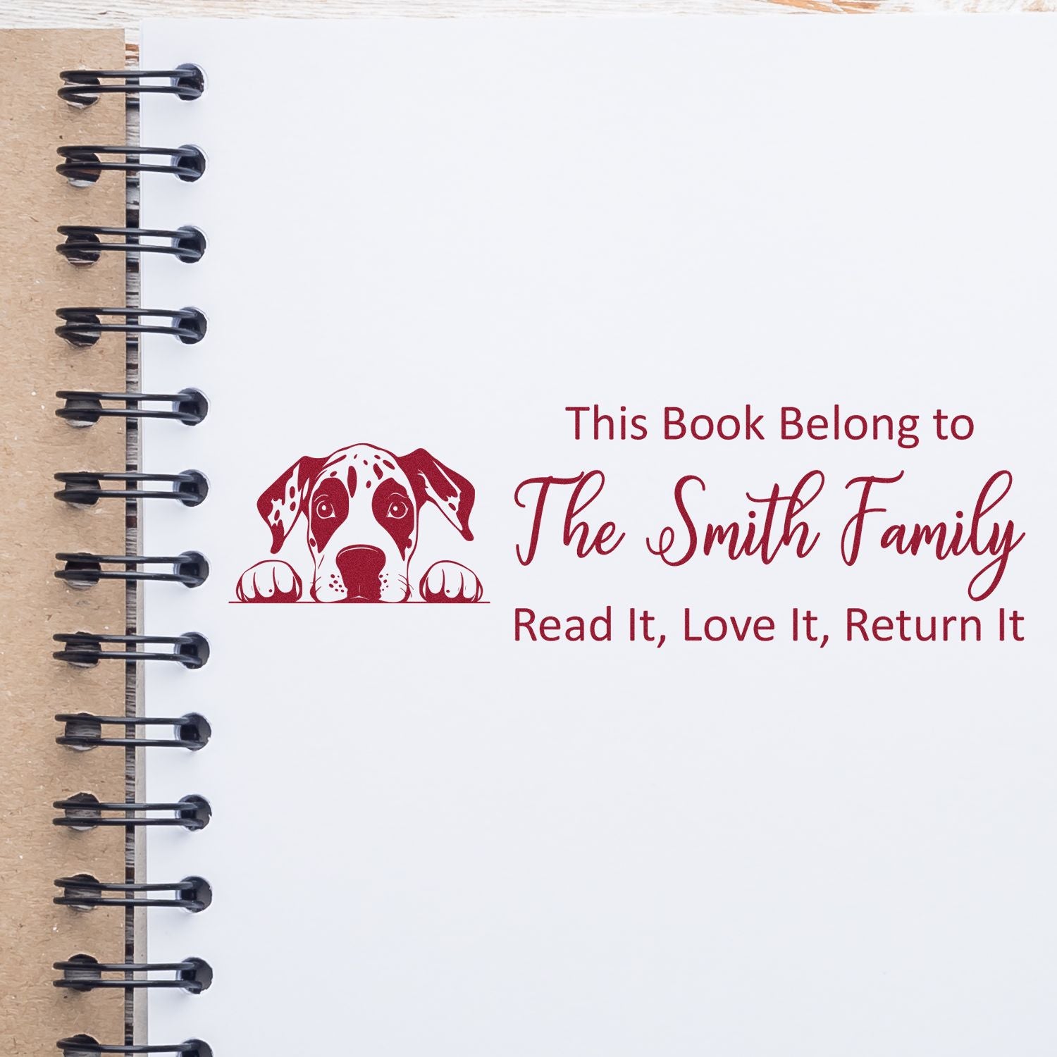 Custom dog book stamp for the Smith family with This Book Belongs To and Read It, Love It, Return It text for personal library use.