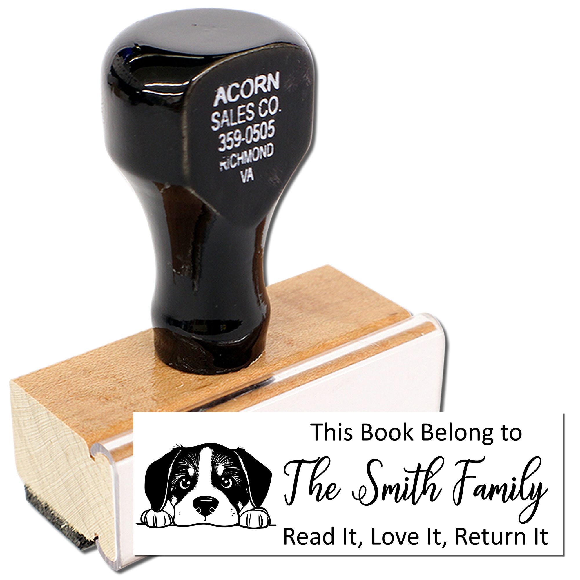 Custom dog book stamp for The Smith Family, marking books Read It, Love It, Return It for home library use.