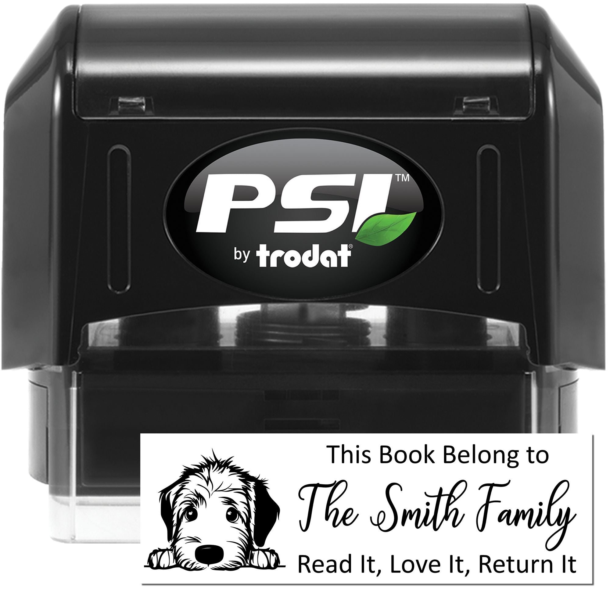 PSI by Trodat self-inking stamp for personalized book labels, featuring a custom dog This Book Belongs To return-book design.