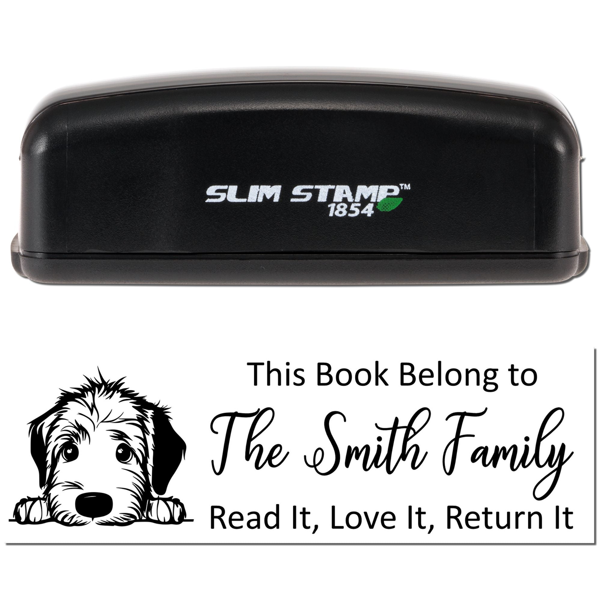 Custom self-inking rubber book stamp for personalized This Book Belongs To labels with dog illustration and family name.