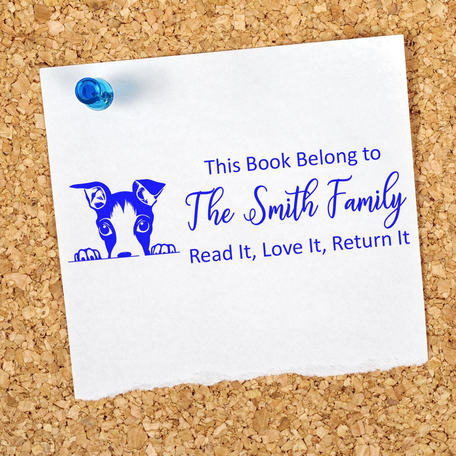 Custom rubber book stamp with dog graphic and family name for personal library books: read it, love it, return it.