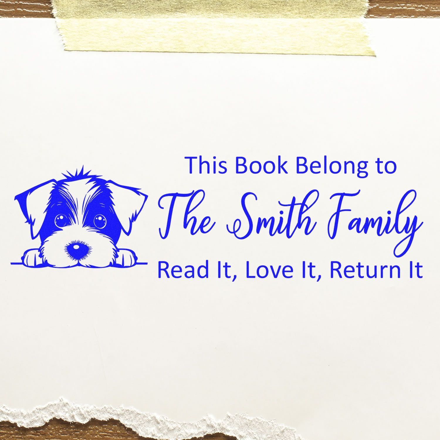 Custom dog book rubber stamp with This Book Belongs to The Smith Family and Read It, Love It, Return It.