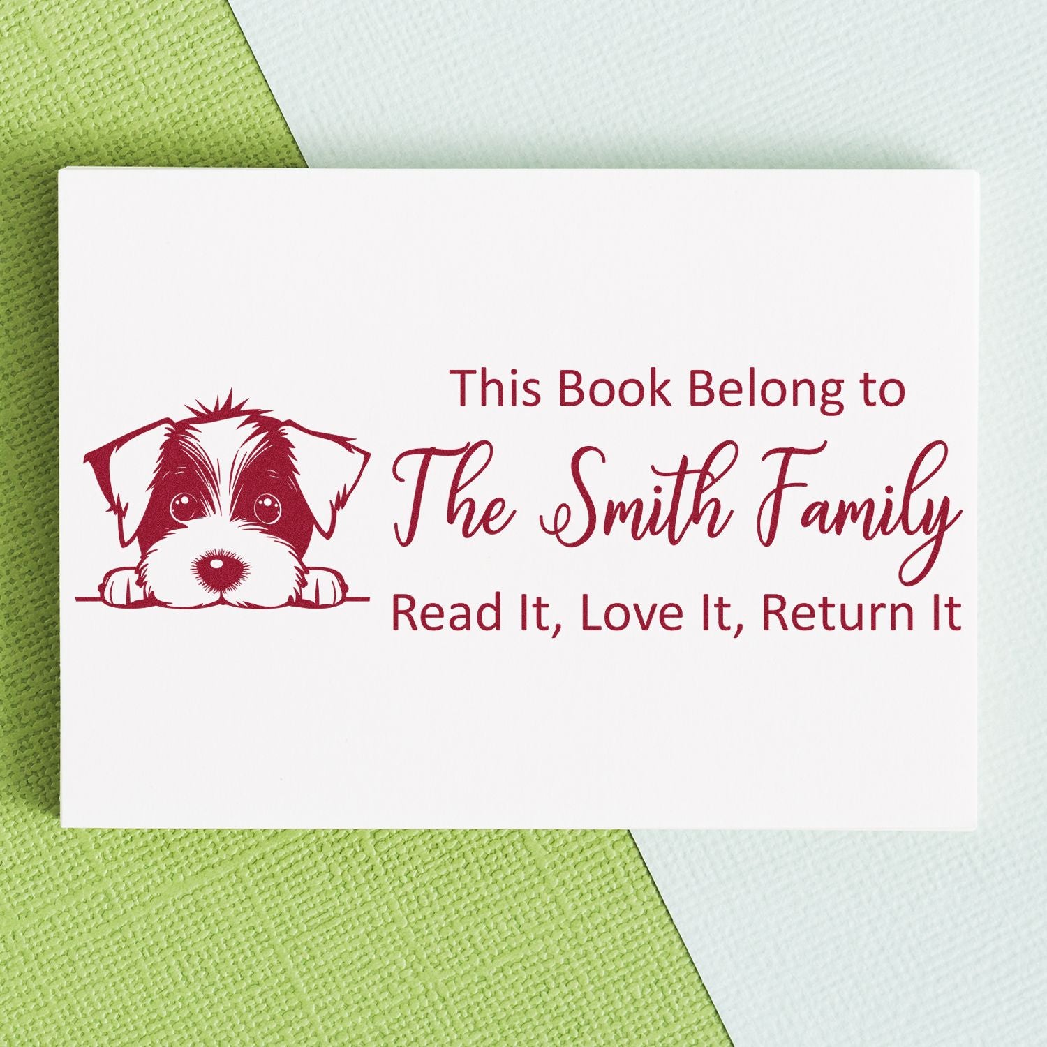 Personalized dog book rubber stamp for The Smith Family, with Read It, Love It, Return It library return message