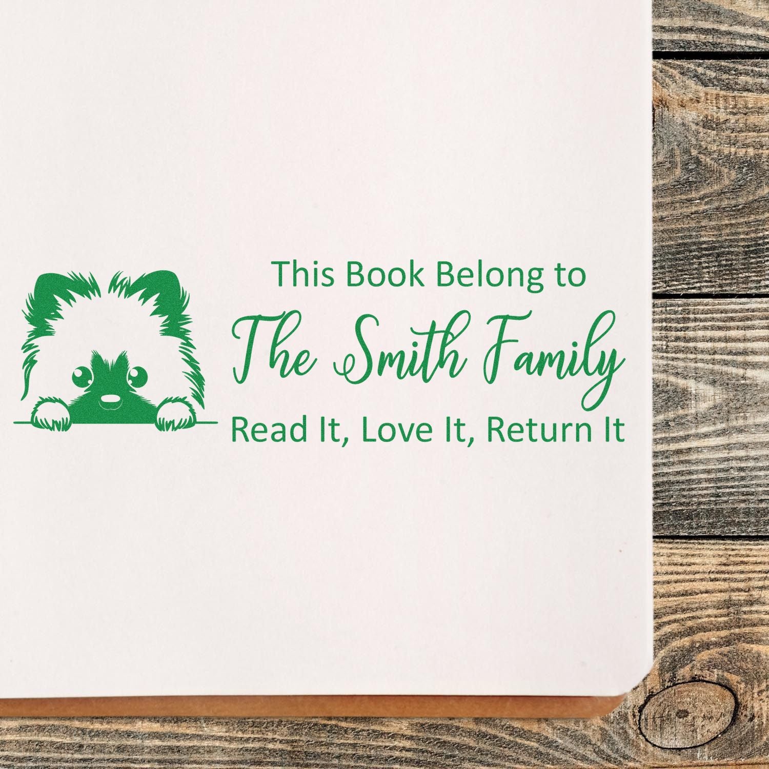 Personalized rubber book stamp with hedgehog design reading This Book Belongs to The Smith Family and Read It, Love It, Return It