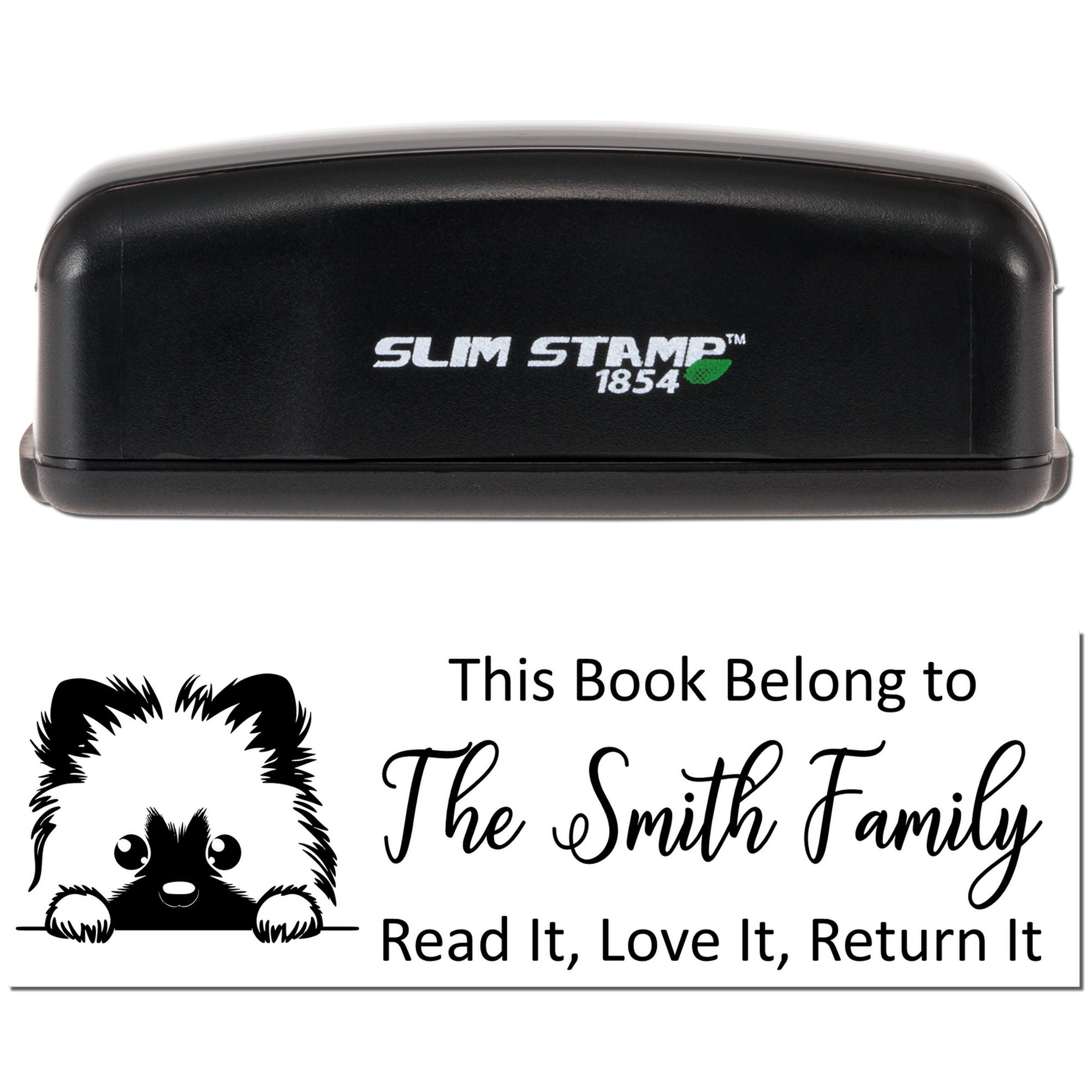 Custom rubber book stamp for The Smith Family, featuring a bear and Read It, Love It, Return It library message.