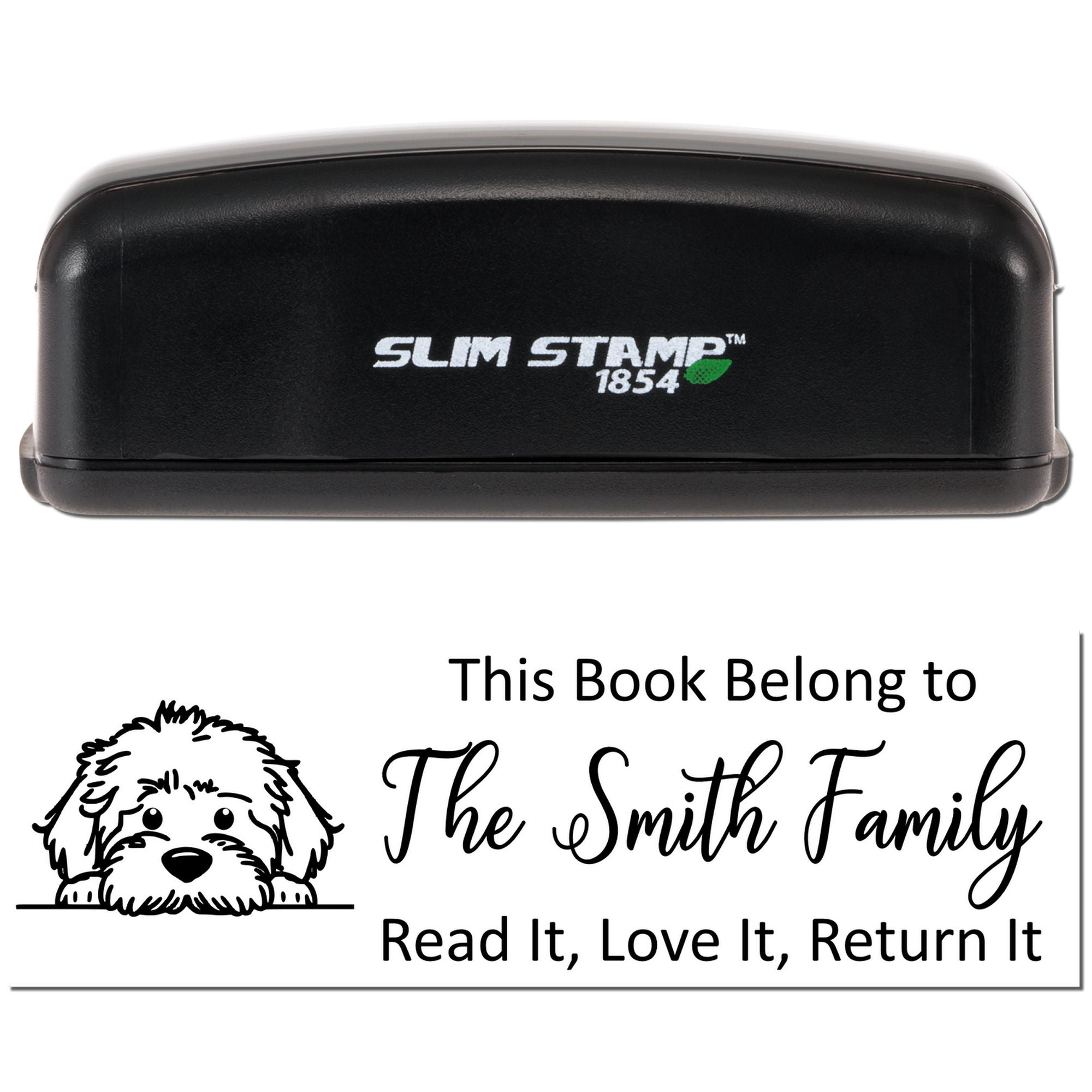 Custom book rubber stamp with dog design and This Book Belong to The Smith Family return message, Slim Stamp 1854.