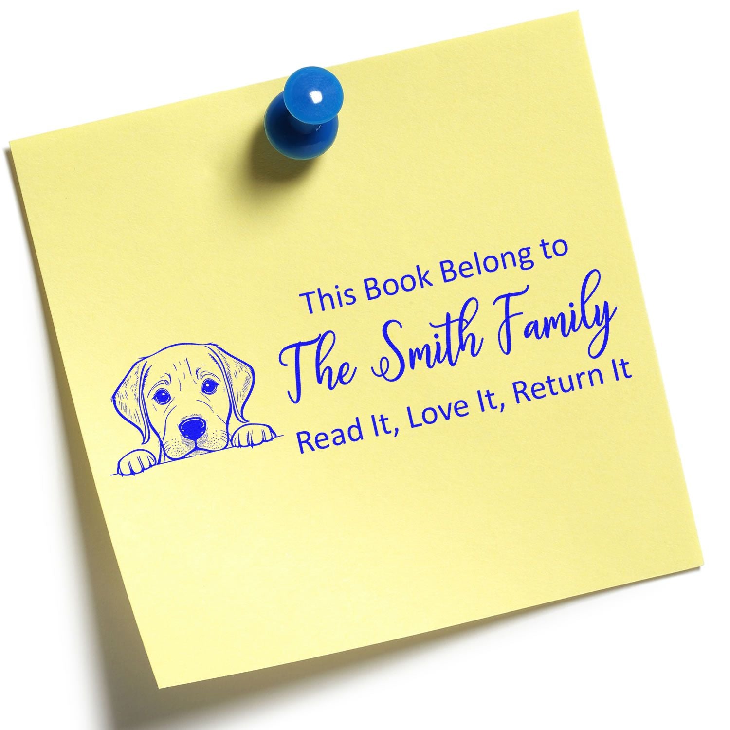 Personalized bookplate rubber stamp for The Smith Family with dog illustration and Read It, Love It, Return It text.