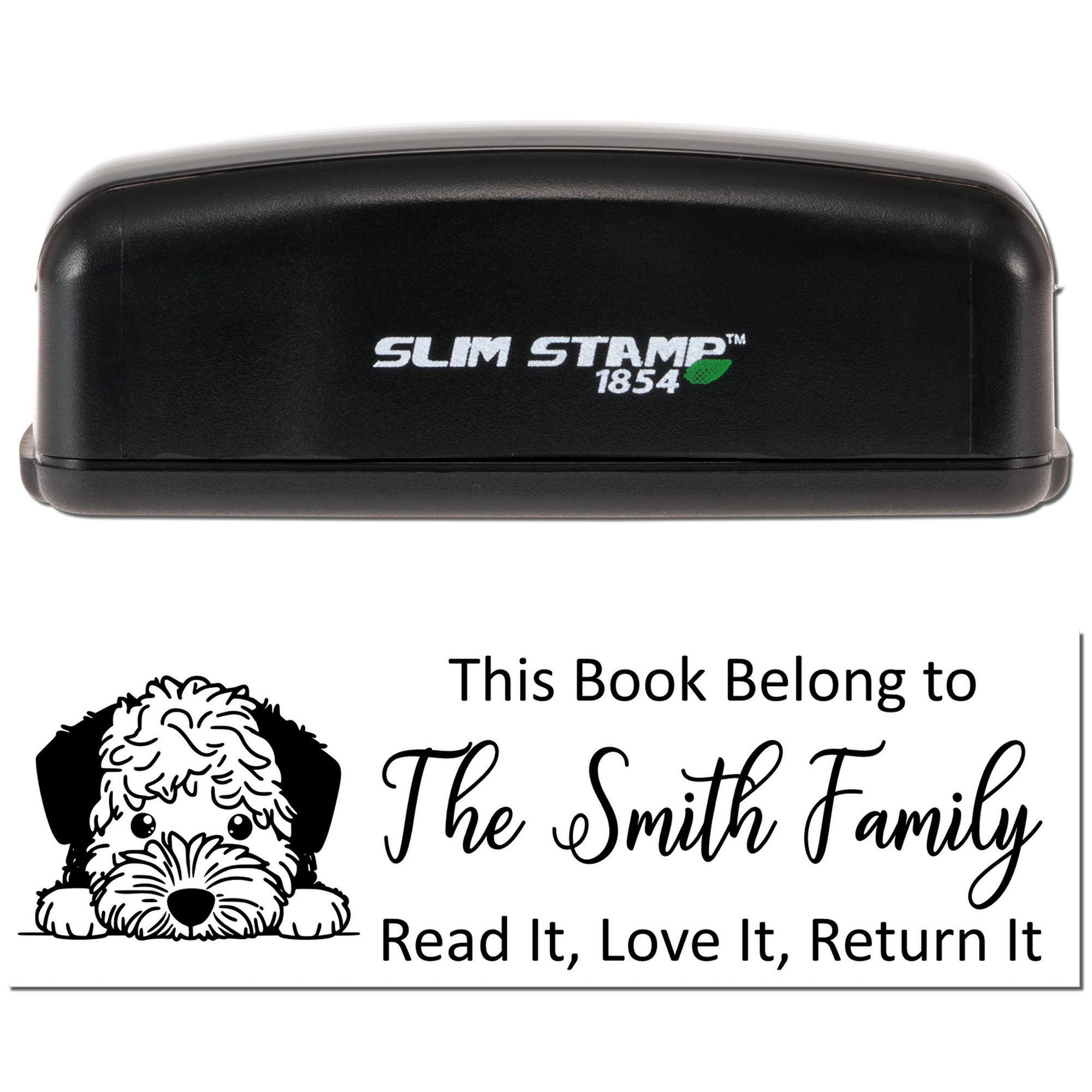 Slim Stamp 1854 rubber stamp for custom bookplate with dog design and This Book Belong to The Smith Family text.