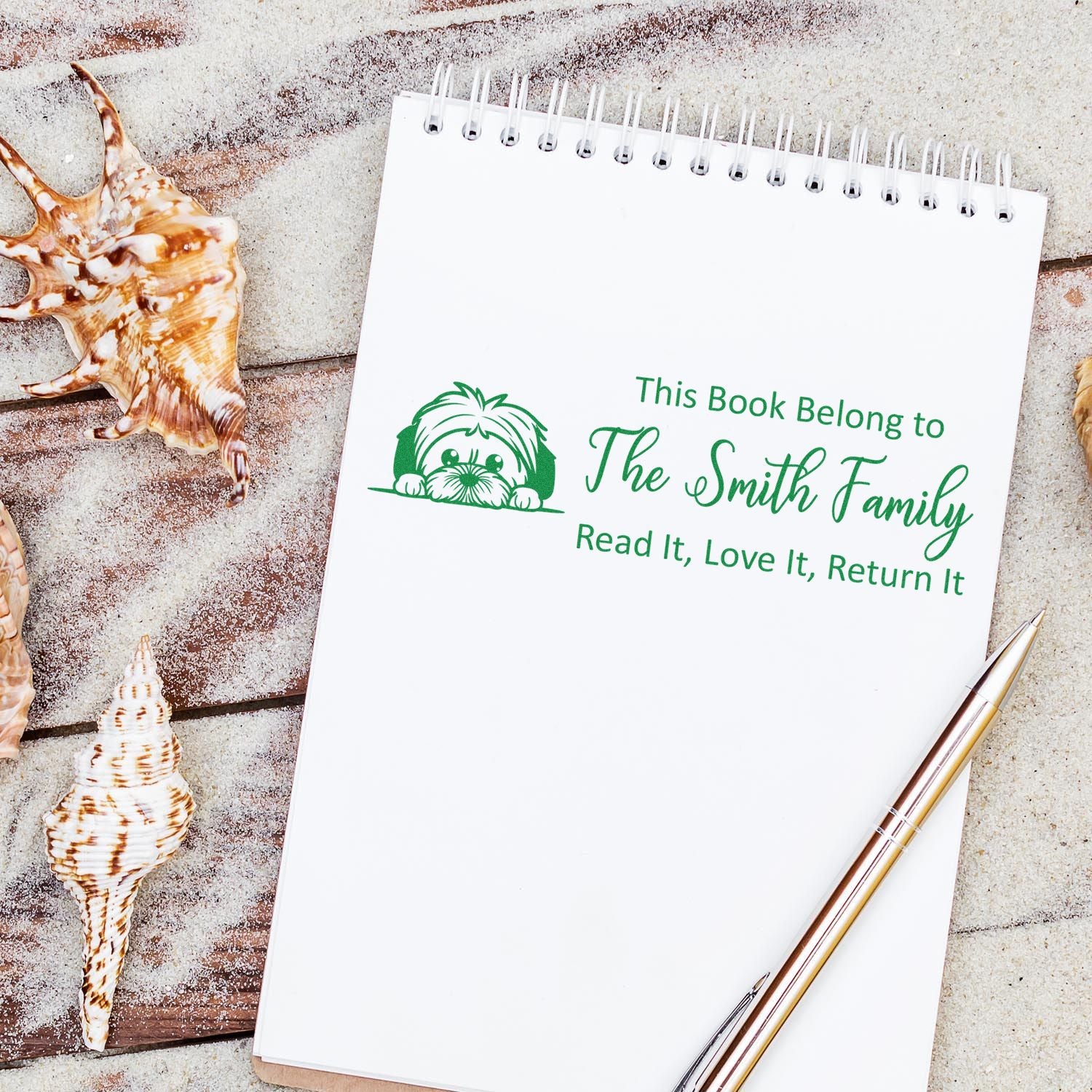 Custom book rubber stamp for family library, featuring dog design and Read It, Love It, Return It bookplate message.