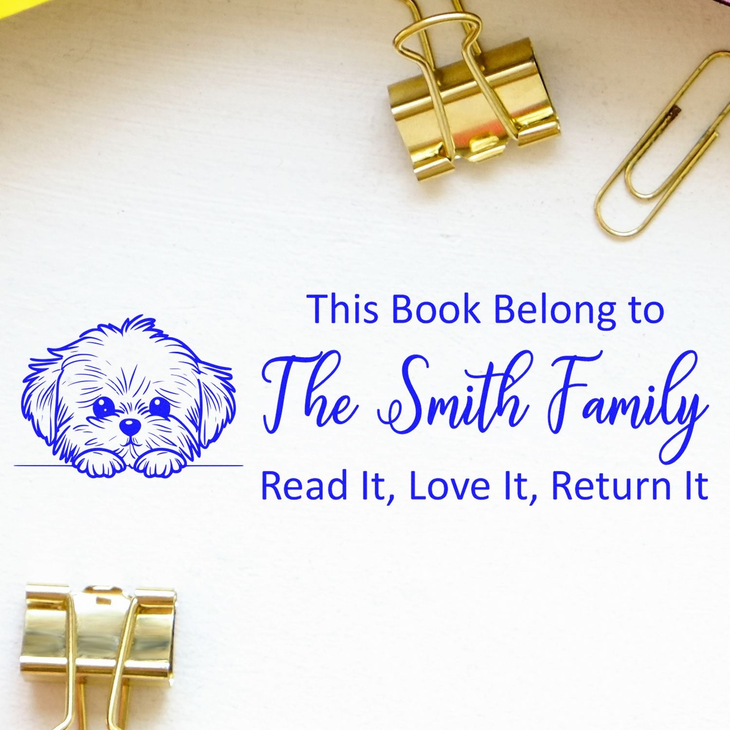 Personalized rubber book stamp with dog art: This Book Belong to The Smith Family, Read It, Love It, Return It.