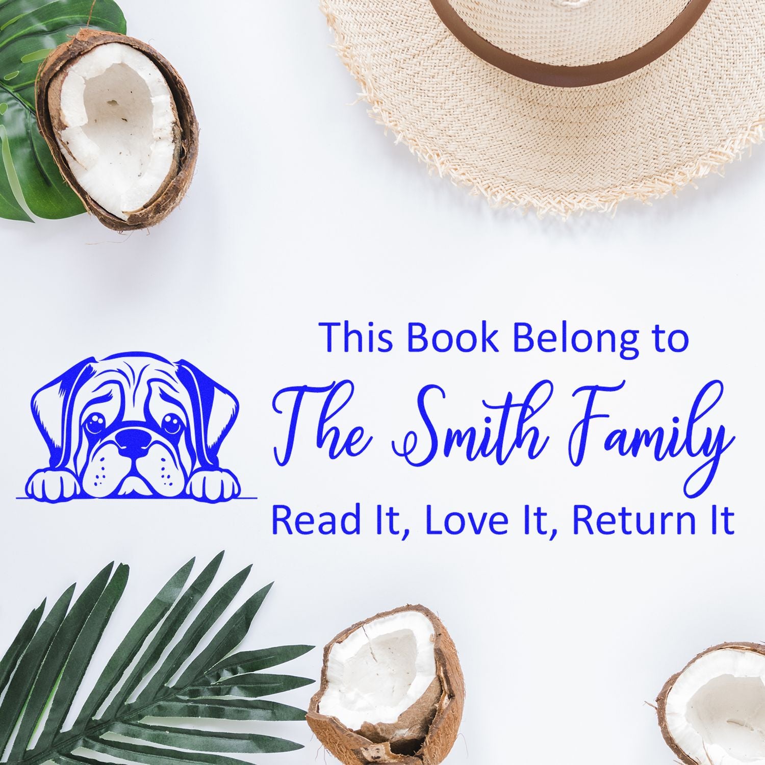 Personalized rubber book stamp with bulldog, This Book Belongs to The Smith Family and Read It, Love It, Return It.