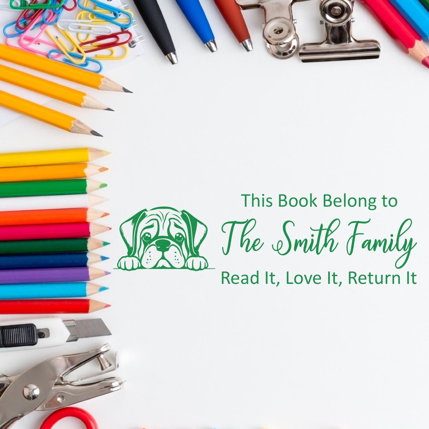 Personalized family book stamp with dog design: This Book Belongs to The Smith Family, Read It, Love It, Return It.