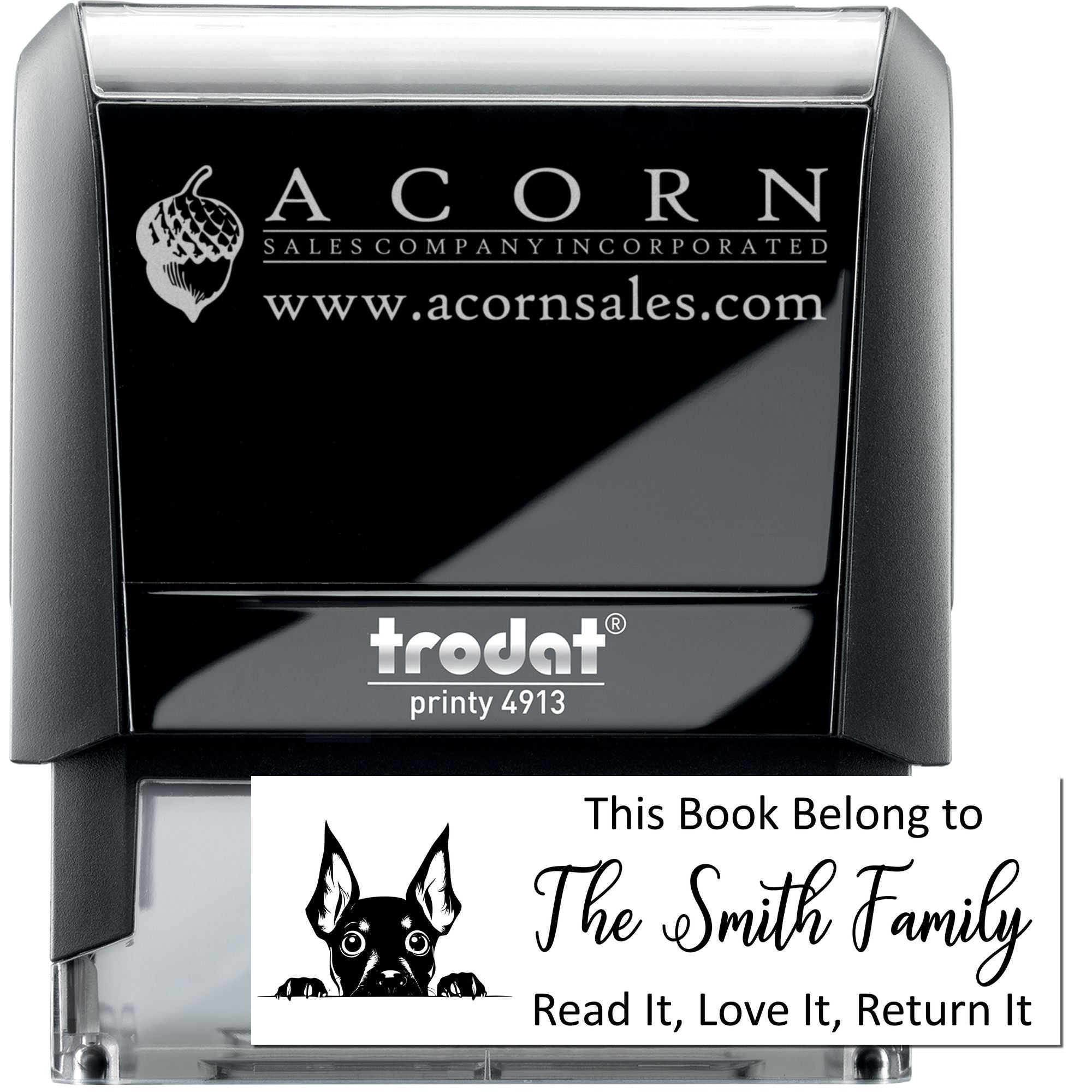 Custom self-inking rubber stamp for books, featuring a bookplate design and This Book Belongs to The Smith Family return message.