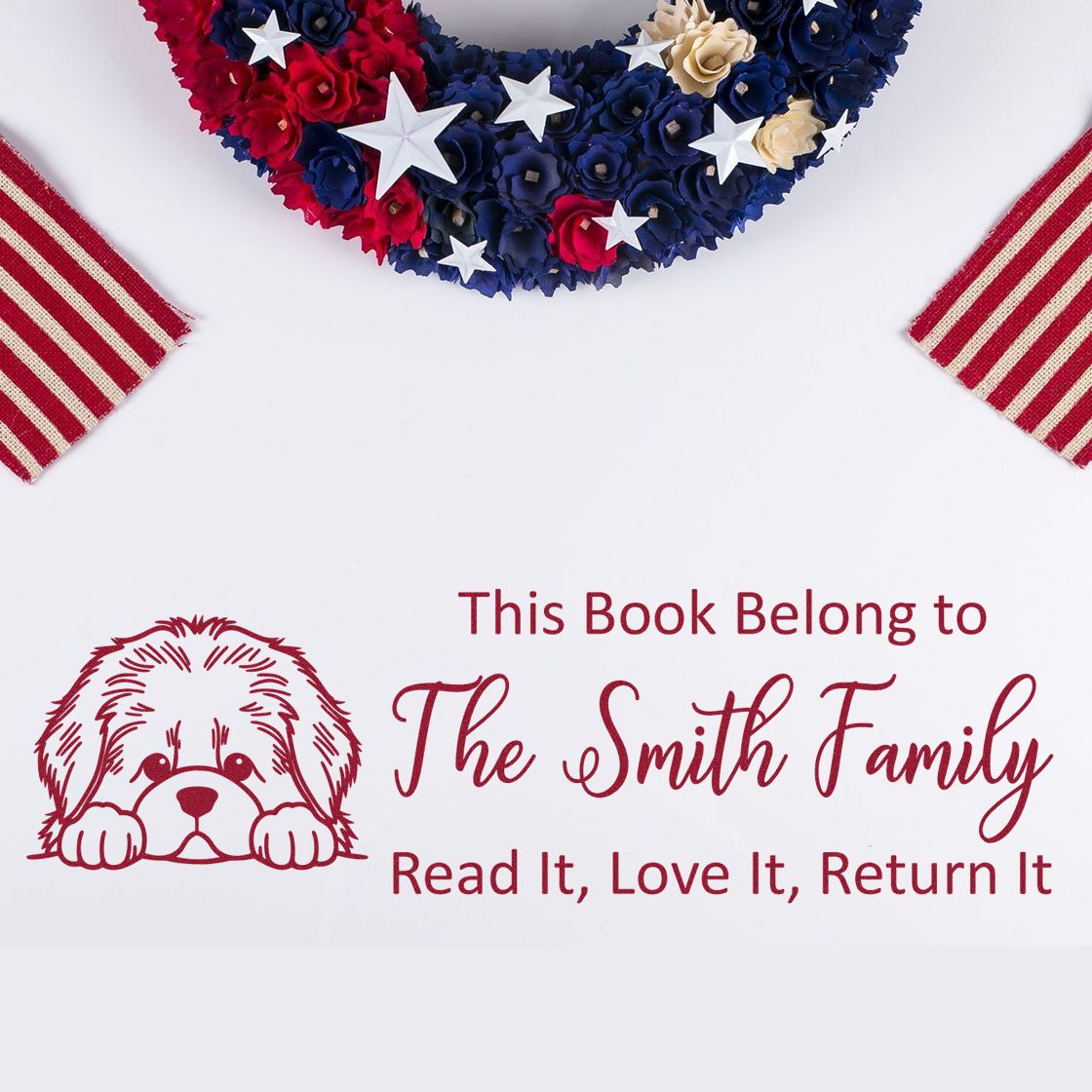 Personalized book return rubber stamp with dog illustration and This Book Belongs to The Smith Family for library books