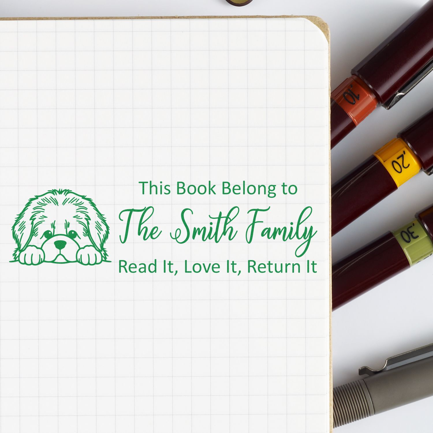 Custom book stamp with dog design for personalized library books: This Book Belong to The Smith Family, Read It, Love It, Return It.