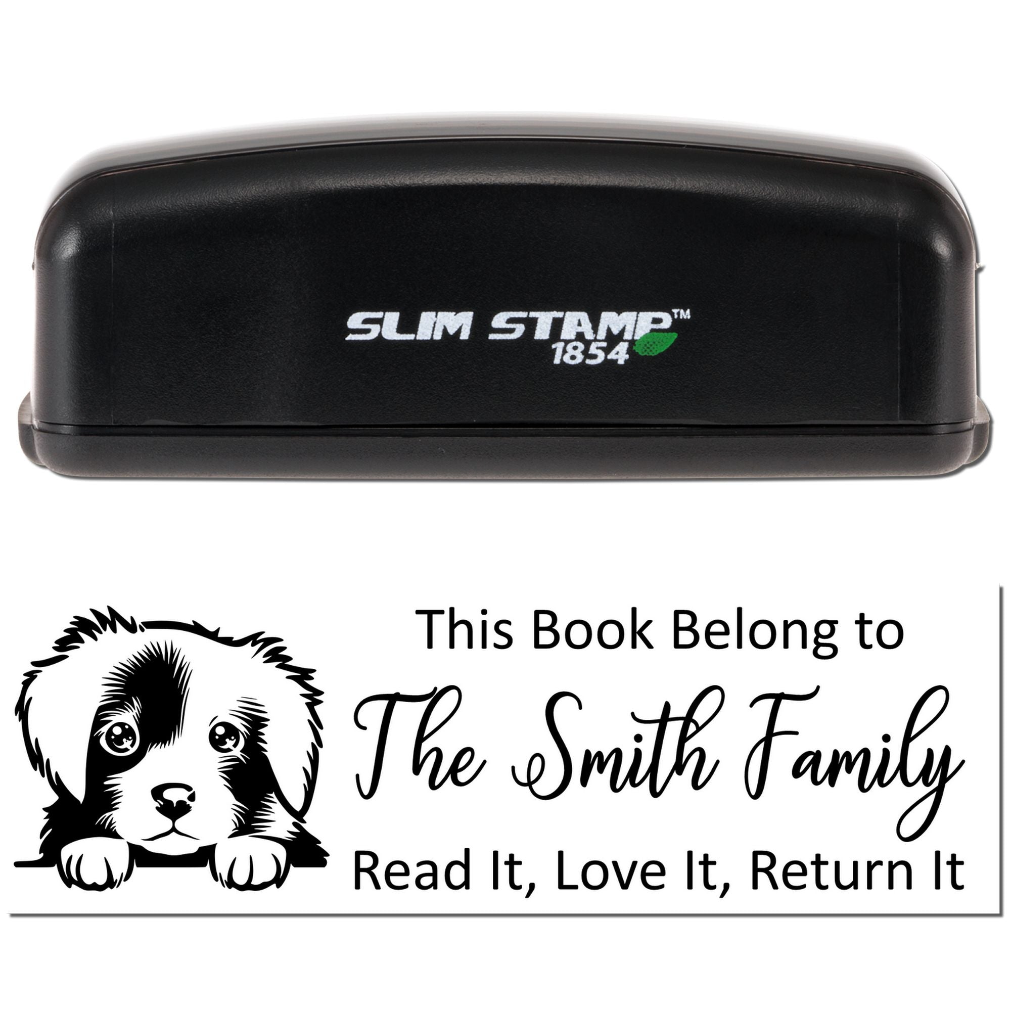 Slim Stamp 1854 self-inking rubber stamp with custom dog bookplate reading This Book Belong to The Smith Family