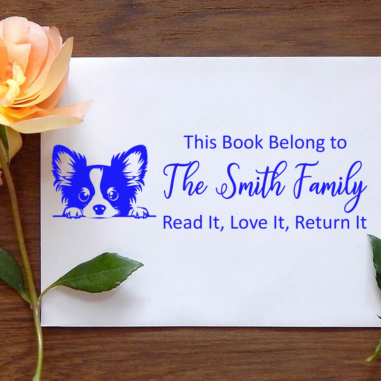 Personalized dog book return rubber stamp for The Smith Family, reading Read It, Love It, Return It.