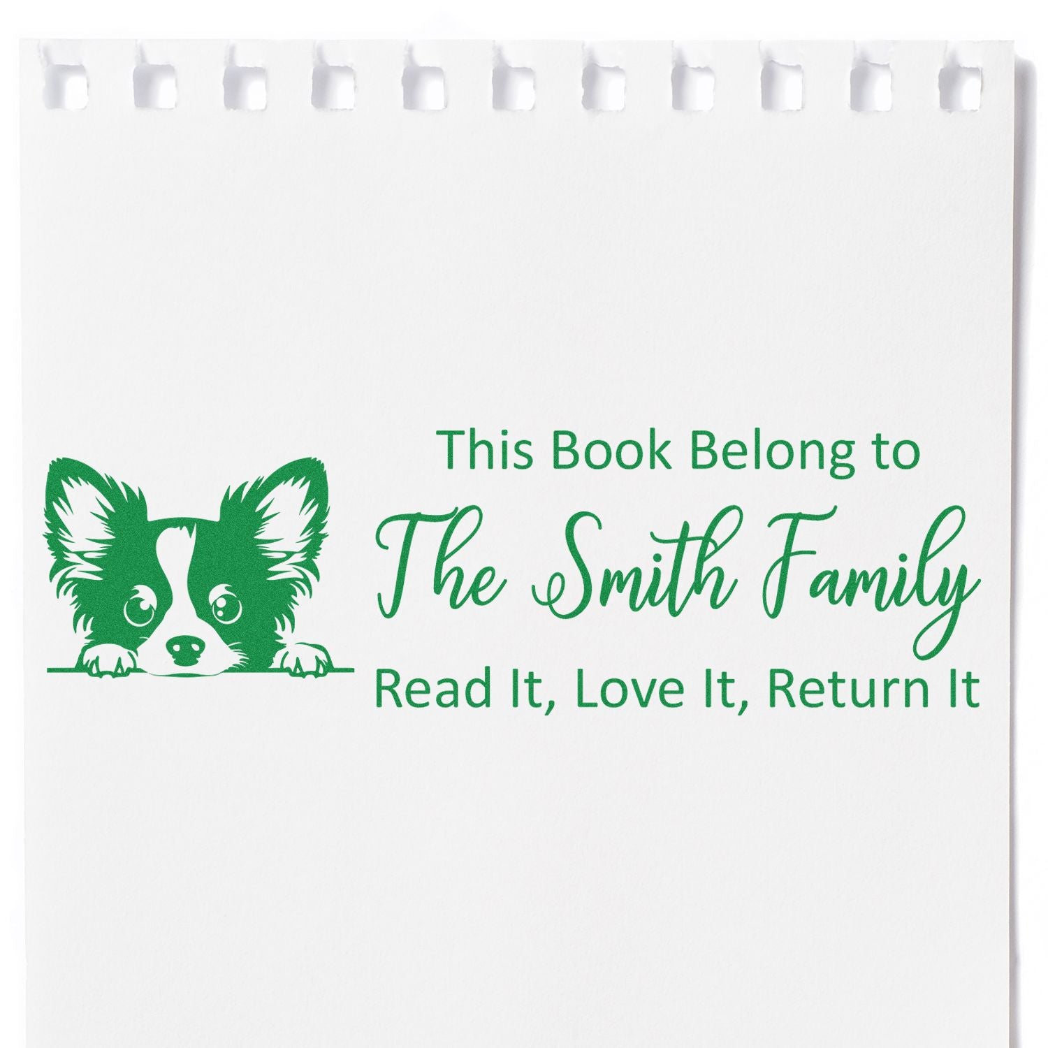 Personalized book return rubber stamp with corgi art and This Book Belong to The Smith Family text.
