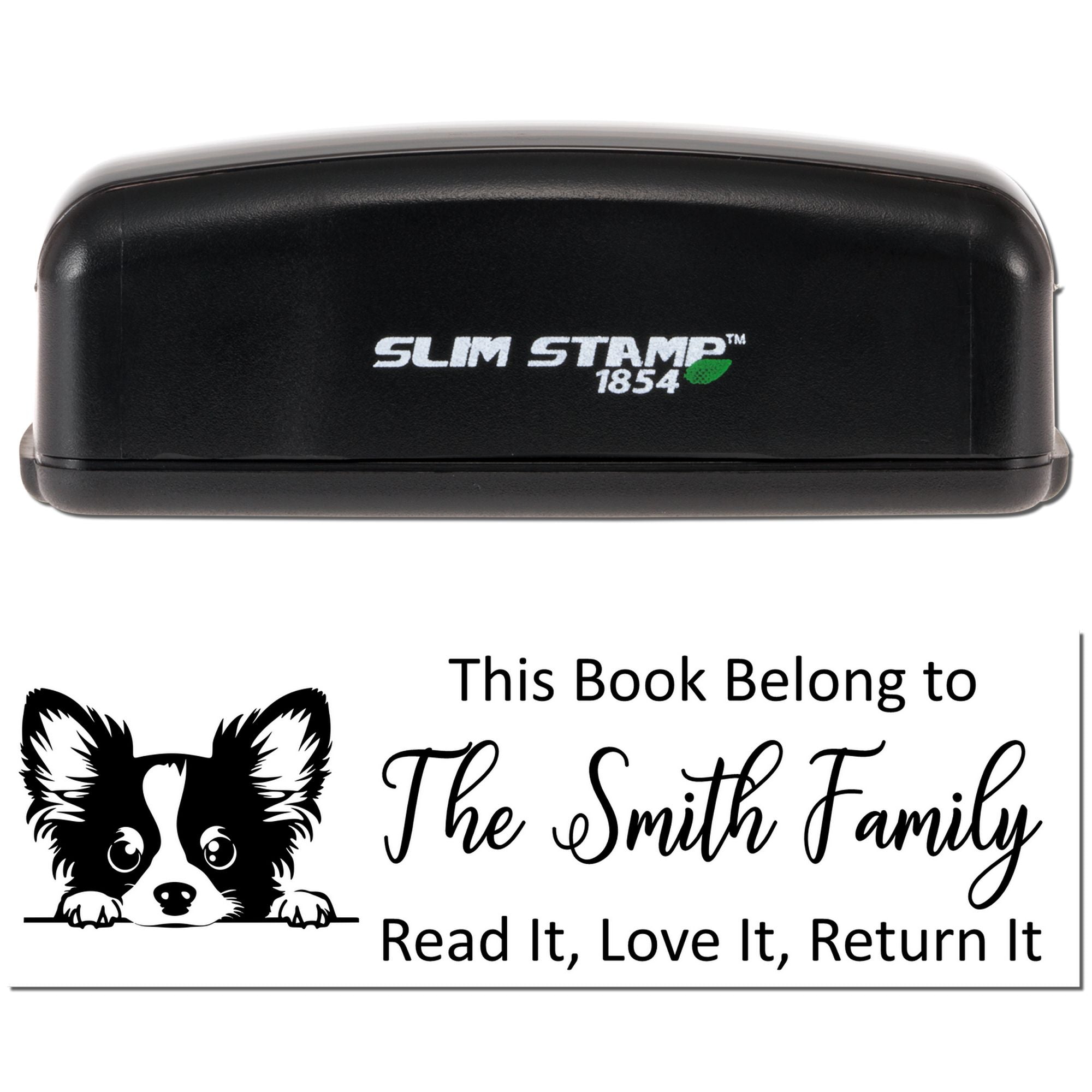 Slim Stamp 1854 self-inking rubber book stamp for personalized family bookplates: This Book Belong to The Smith Family.