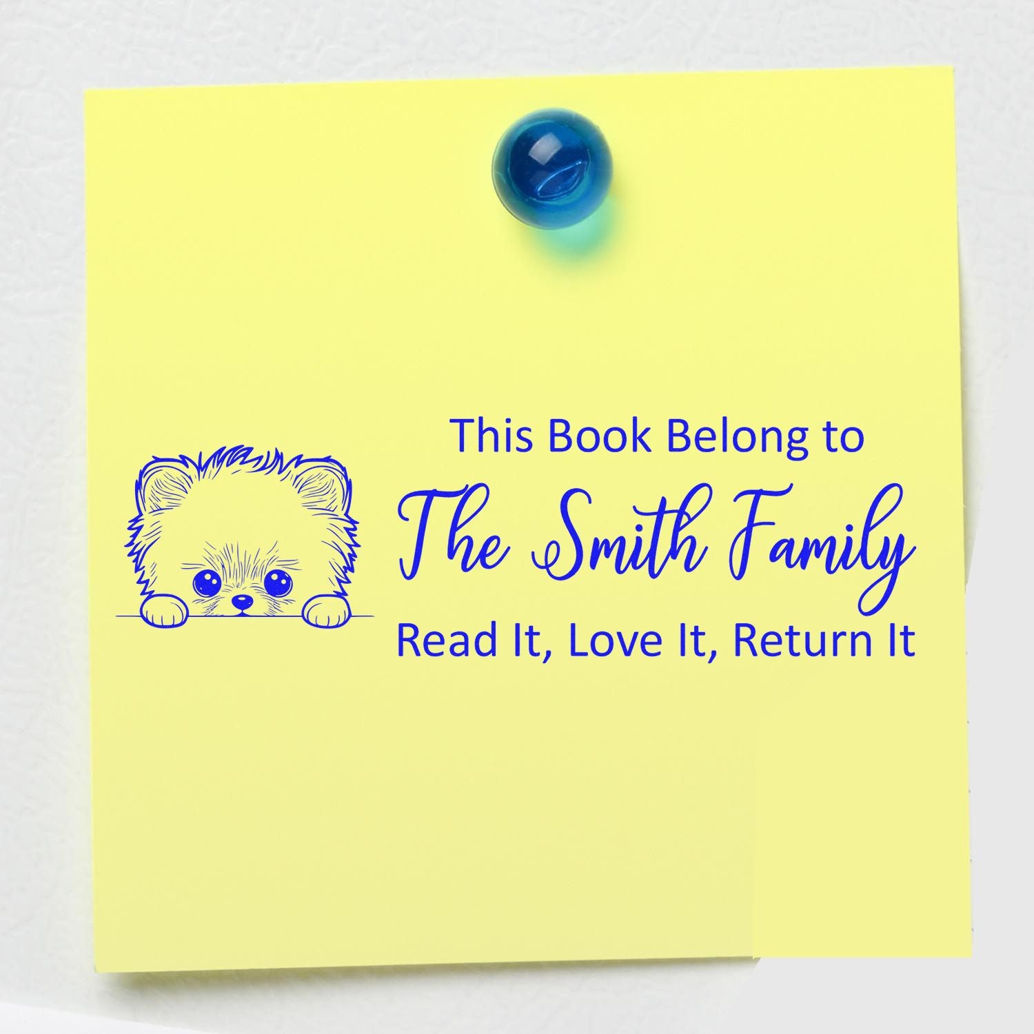 Personalized book return rubber stamp with teddy bear design and This Book Belongs to The Smith Family message